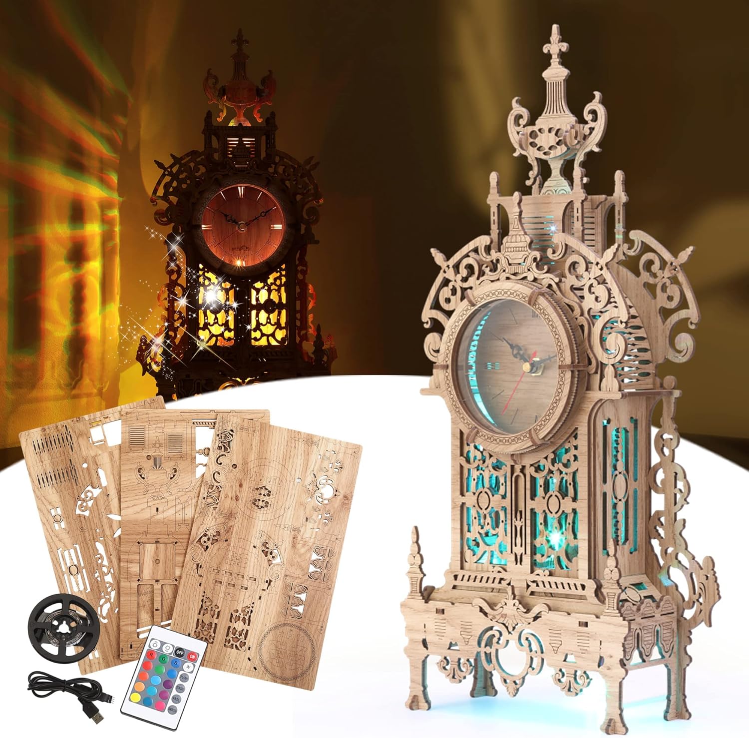 FUNPOLA 3D Wood Puzzle LED Tower Clock, 3D Puzzle Building Desktop Clock Model DIY Architectural Building Blocks (LED-TC01 Wood)