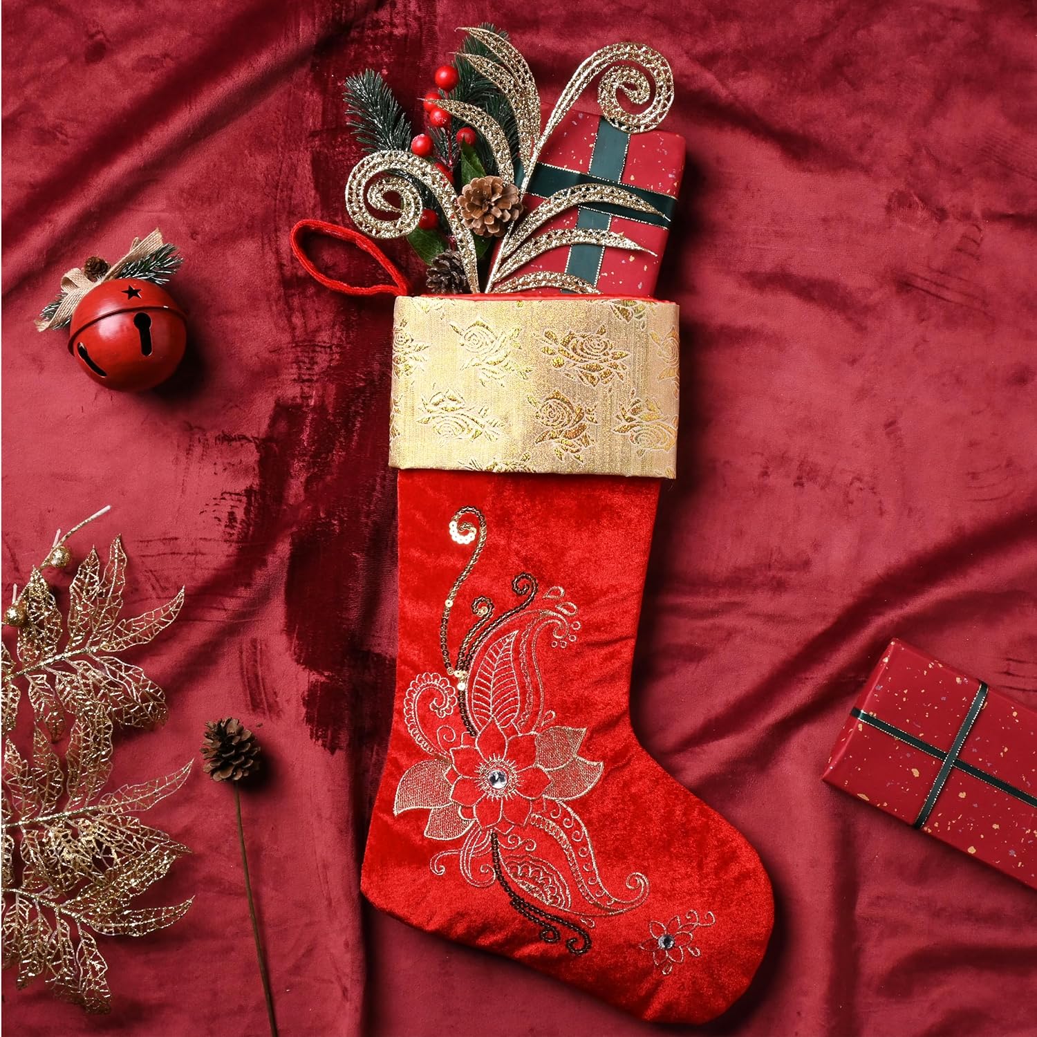 Valery Madelyn 21 Inches Christmas Stockings Decorations, 2 Pack White and Gold Stockings Embroidered in Gold Thread, Elegant Stocking Christmas with Name Tag for Fireplace Decor