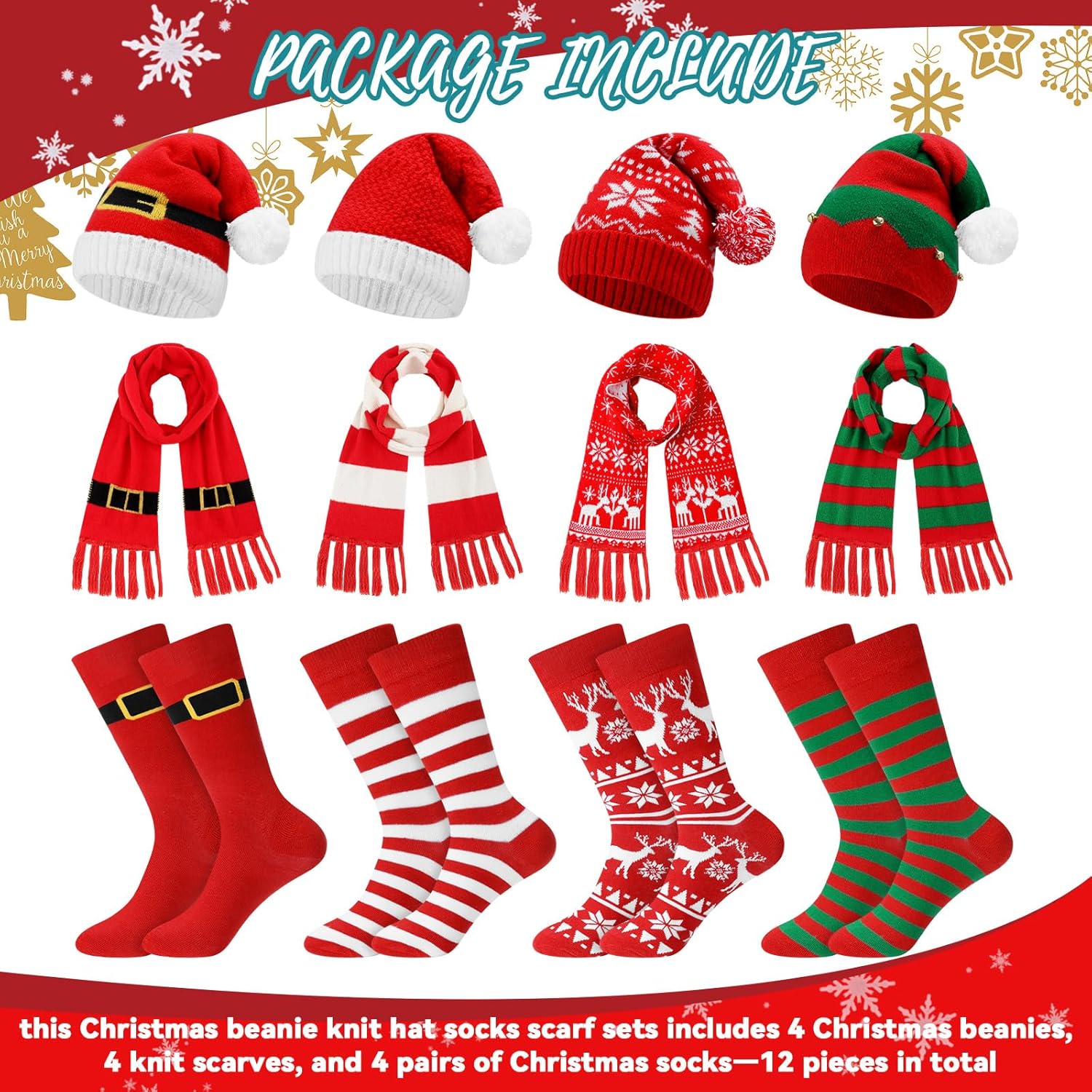 12 Pack Christmas Winter Accessories Set, 4 Christmas Beanies 4 Knitted Scarves and 4 Pairs of Holiday Socks Soft Warm Xmas Hat Scarf Sock Set for Family Parties Gifts
