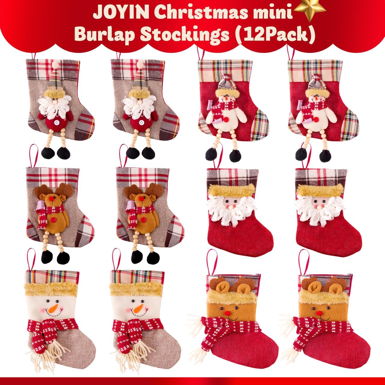JOYIN 12 Pcs Mini Christmas 3D Bulk Xmas Stockings Santa Snowman Reindeer Burlap Stockings for Present Holders Treat Bags Christmas Tree Decoration Xmas Party Decors