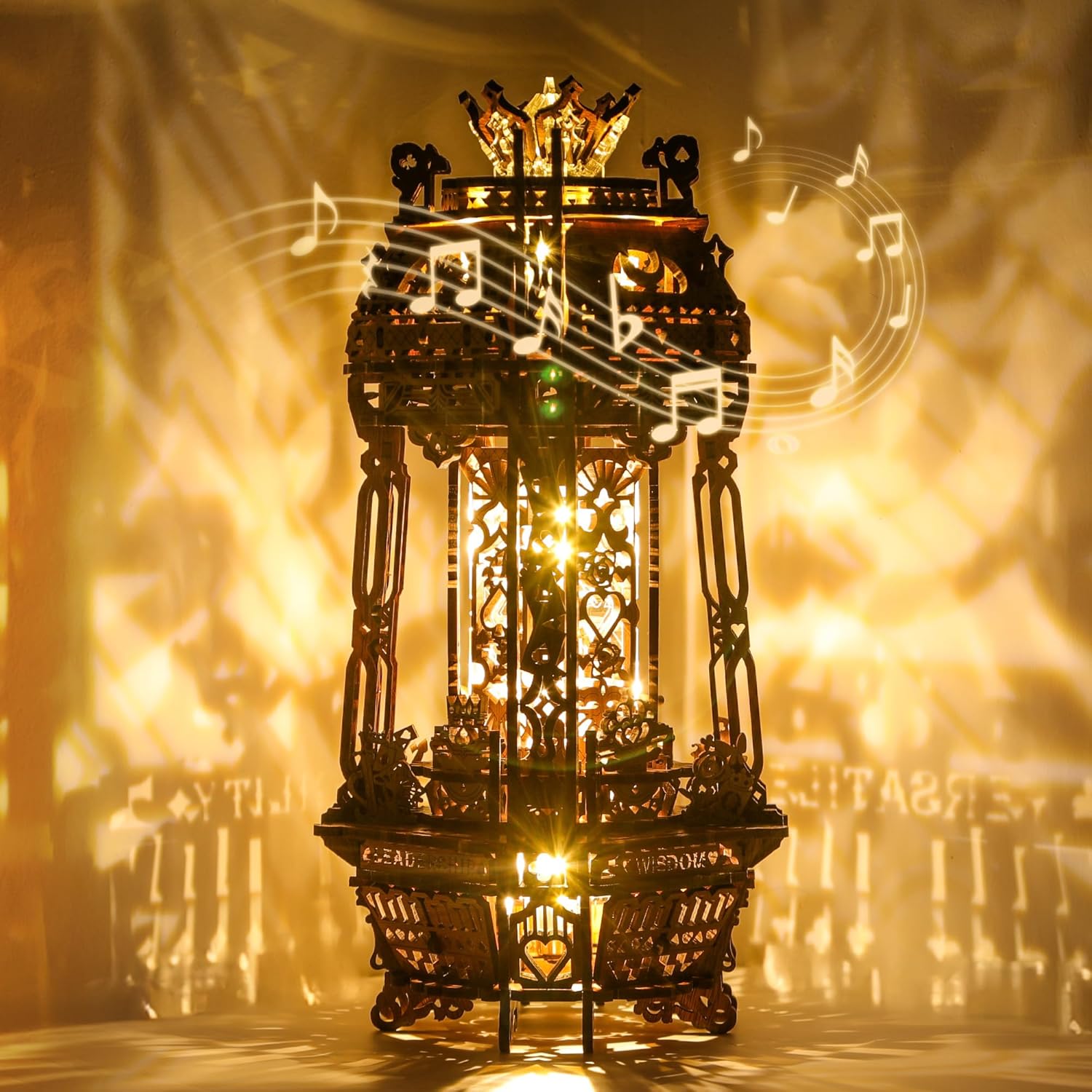 FUNPOLA LED 3D Wood Puzzle Poker World Projector Lamp – DIY Craft Kit with LED Lights and Music Box – Creative Poker-Themed Lamp, Nightlight Gift for Home Décor (Black Walnut)