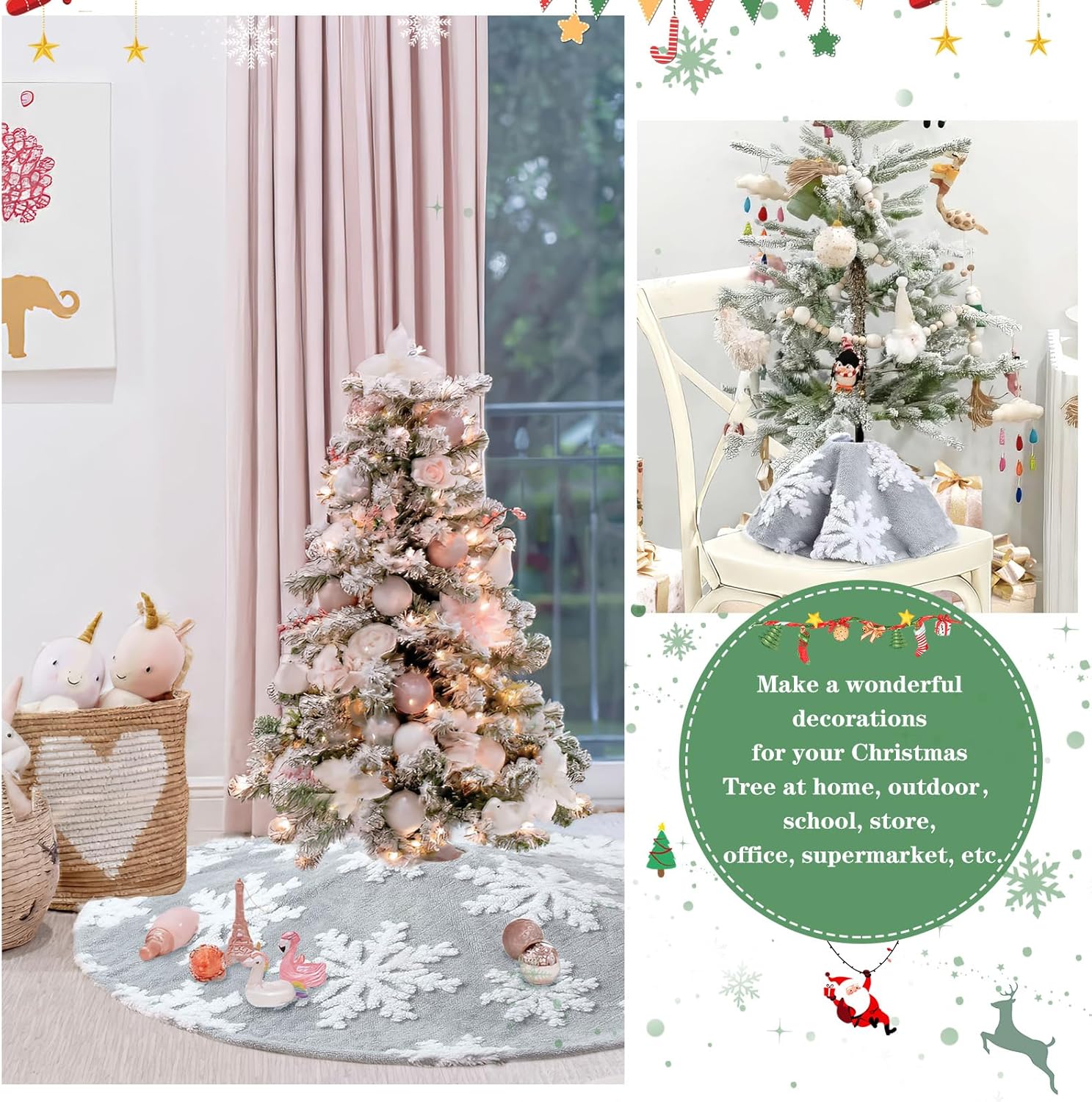 Chrisrmas Tree Skirt 48 Inches Faux Fur Red Tree Skirt with White Snowflakes Rustic Xmas Holiday Decoration