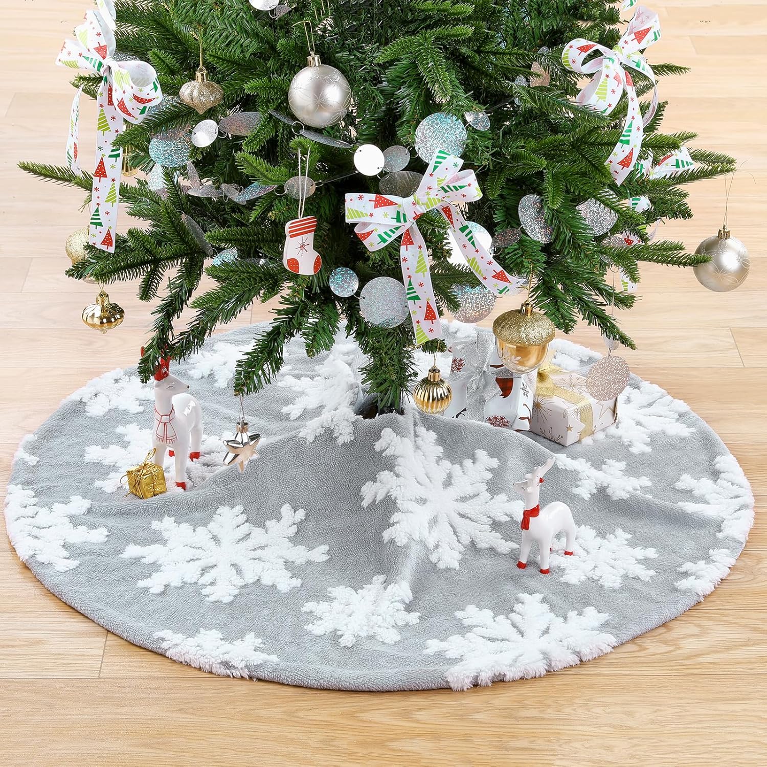 Chrisrmas Tree Skirt 48 Inches Faux Fur Red Tree Skirt with White Snowflakes Rustic Xmas Holiday Decoration
