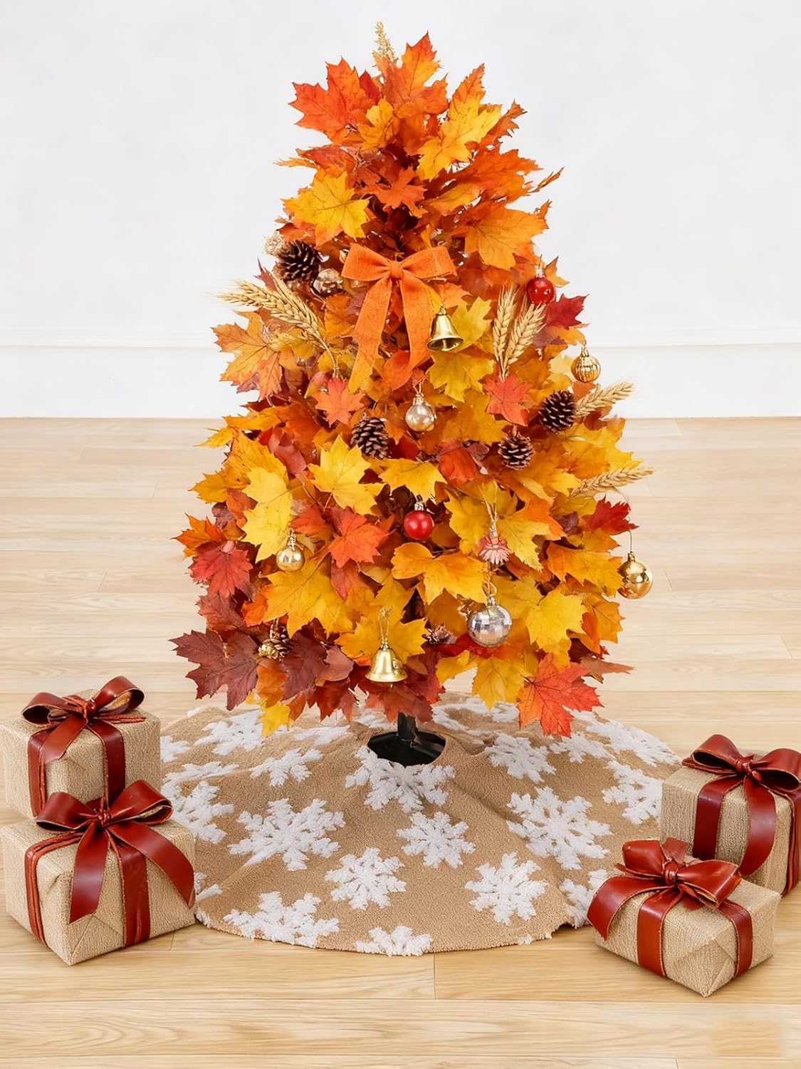 Chrisrmas Tree Skirt 48 Inches Faux Fur Red Tree Skirt with White Snowflakes Rustic Xmas Holiday Decoration