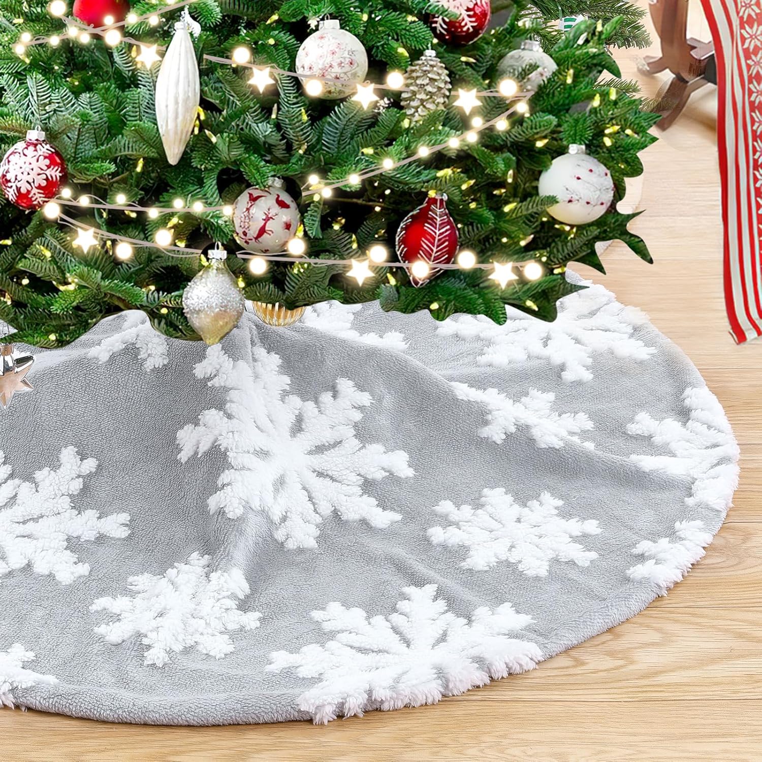 Chrisrmas Tree Skirt 48 Inches Faux Fur Red Tree Skirt with White Snowflakes Rustic Xmas Holiday Decoration