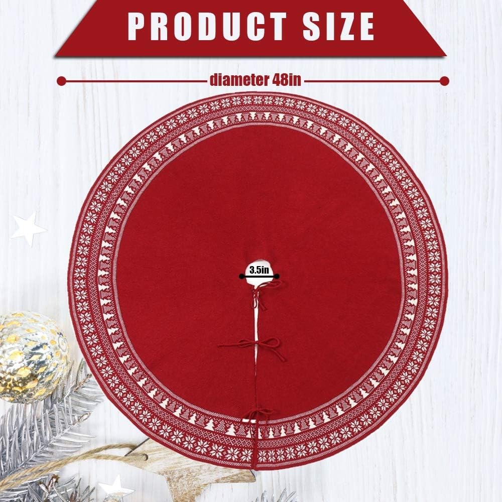 BIANHUA Christmas Tree Skirt, Christmas Decorations,Knitting Wool Retro Small Snowflake Xmas Tree Skirt Decorations,Can be Used as a Shawl.(48 Inch,Red)…