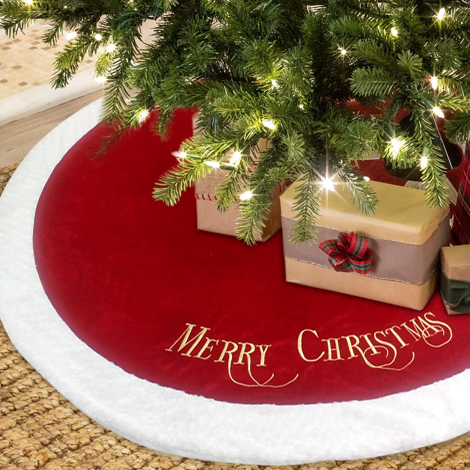 72 Inch Christmas Tree Skirt Xmas Tree Skirts for Christmas Tree Holiday Party Decorations Decoraciones De Navidad-Wine Red