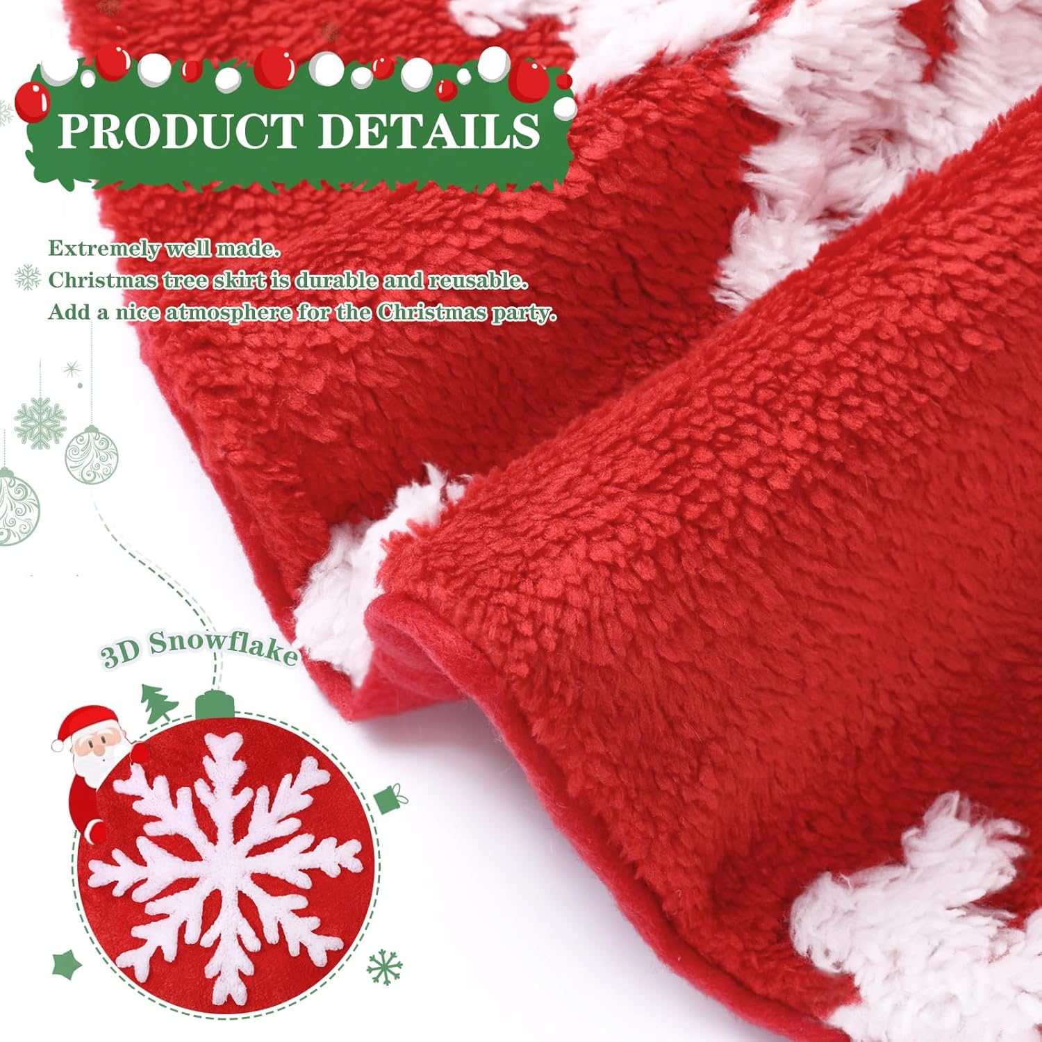 Chrisrmas Tree Skirt 48 Inches Faux Fur Red Tree Skirt with White Snowflakes Rustic Xmas Holiday Decoration