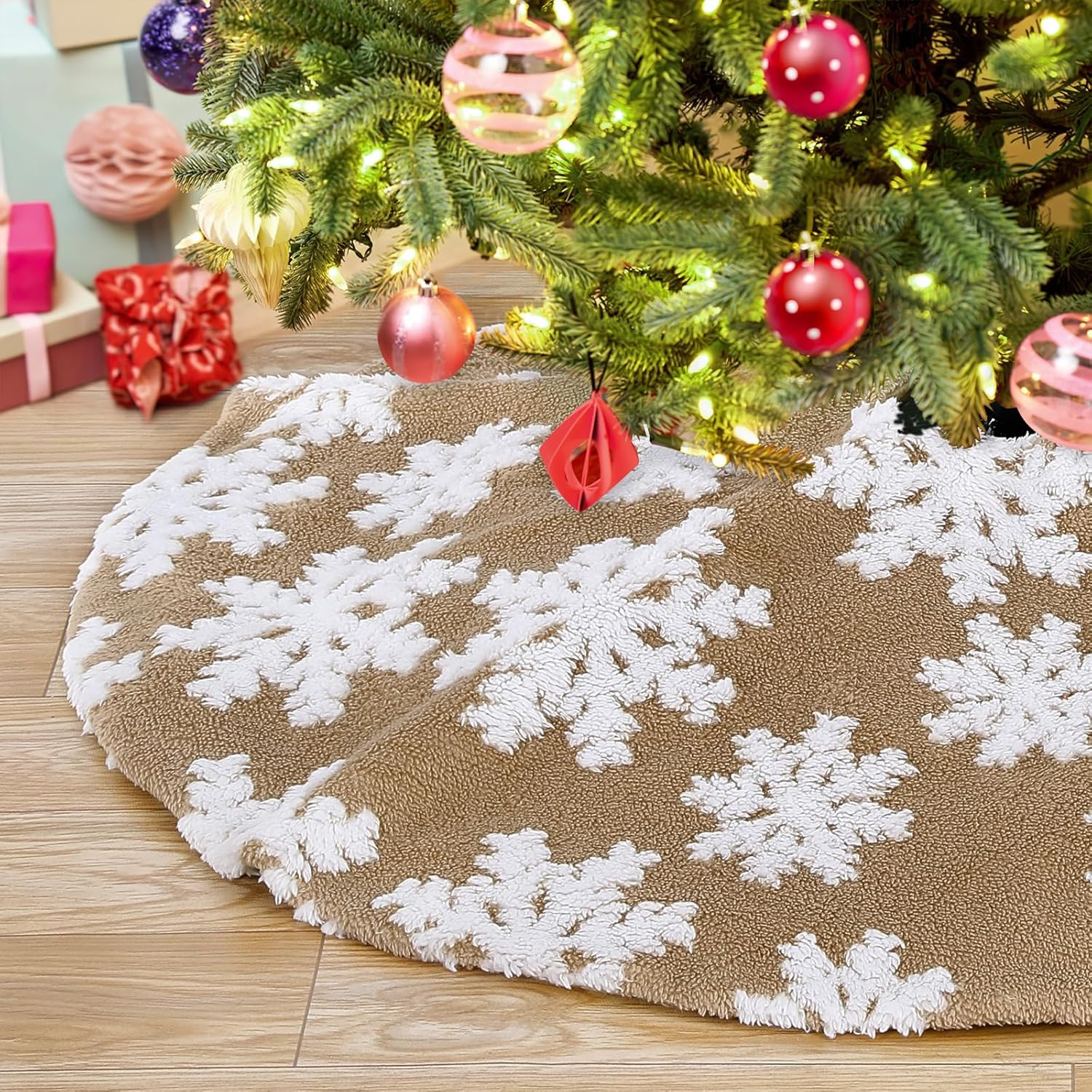 Chrisrmas Tree Skirt 48 Inches Faux Fur Red Tree Skirt with White Snowflakes Rustic Xmas Holiday Decoration