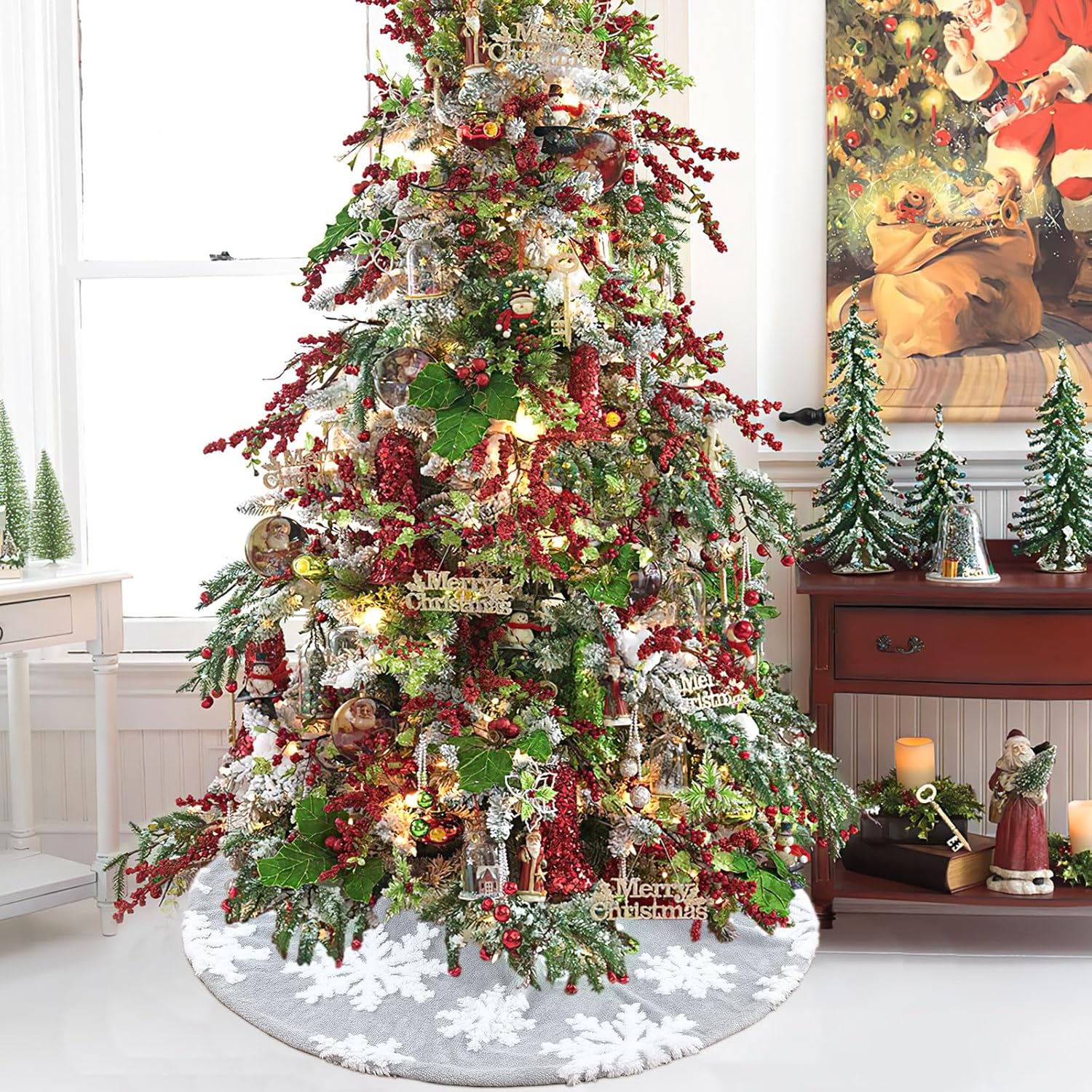 Chrisrmas Tree Skirt 48 Inches Faux Fur Red Tree Skirt with White Snowflakes Rustic Xmas Holiday Decoration