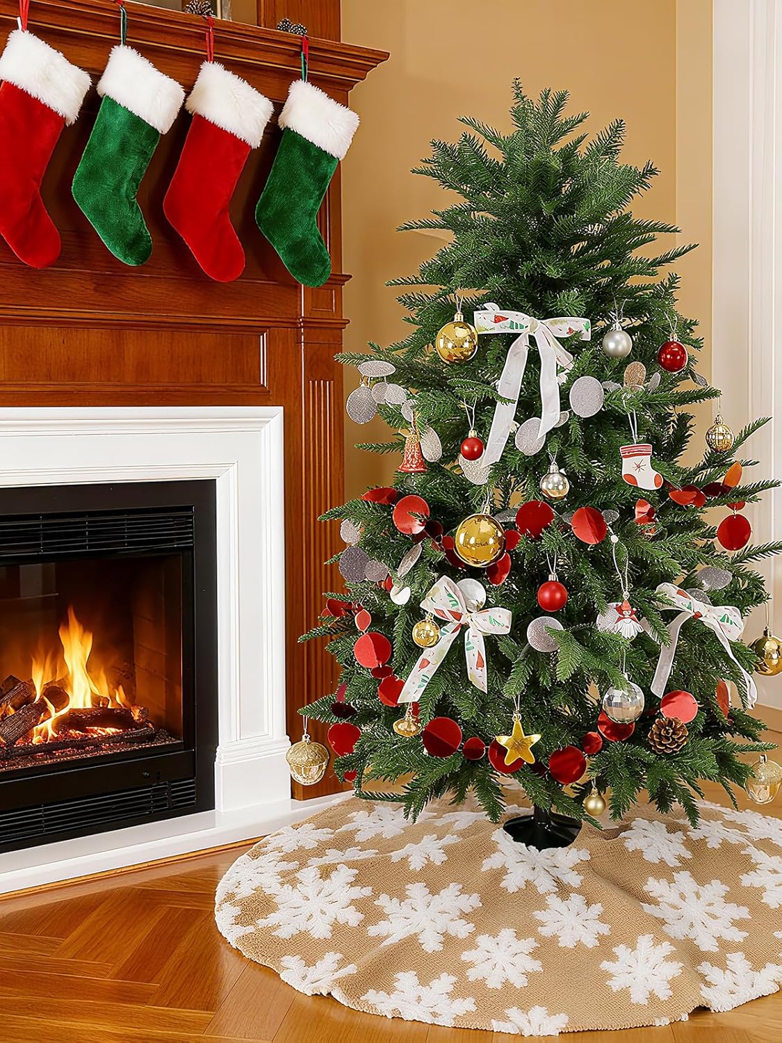 Chrisrmas Tree Skirt 48 Inches Faux Fur Red Tree Skirt with White Snowflakes Rustic Xmas Holiday Decoration