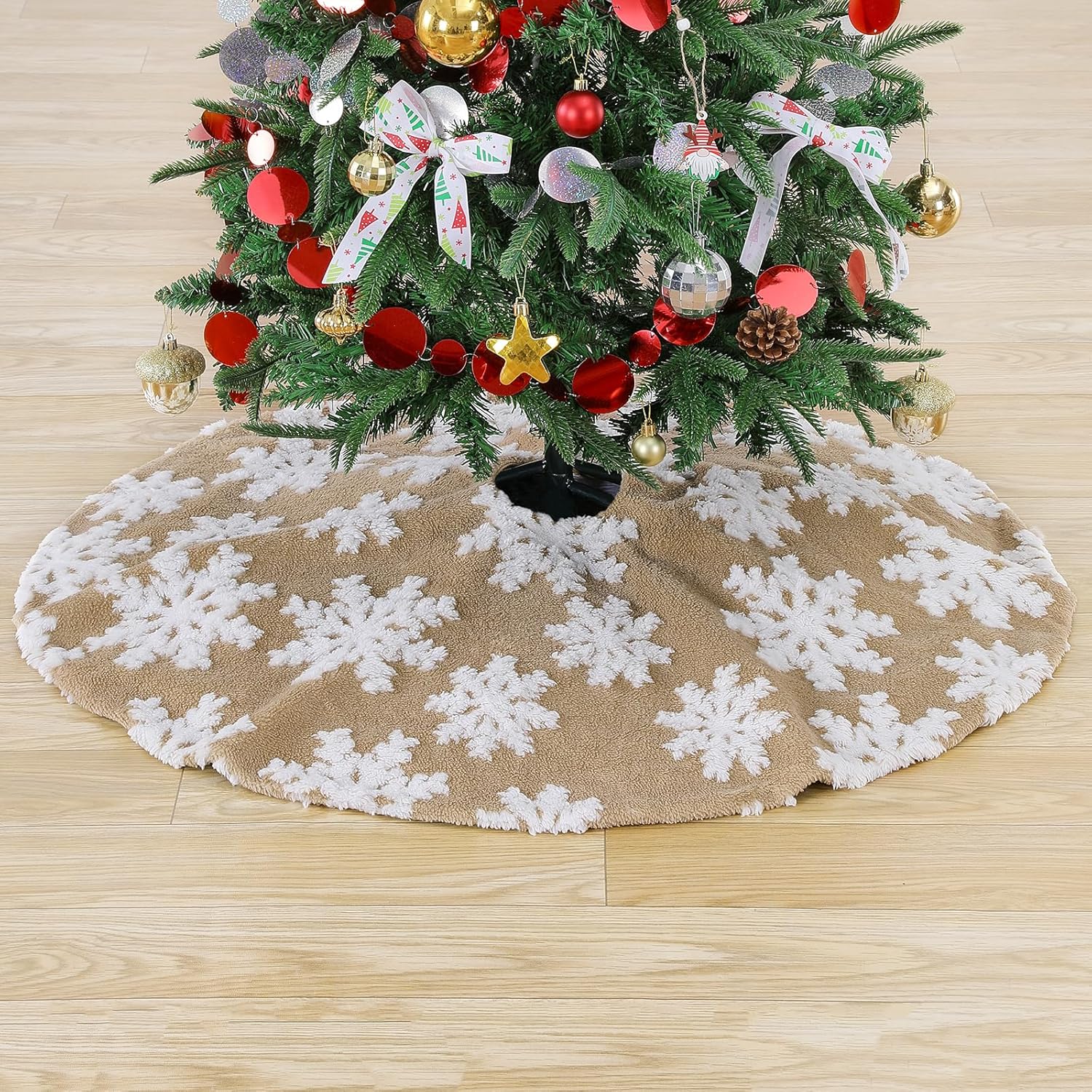 Chrisrmas Tree Skirt 48 Inches Faux Fur Red Tree Skirt with White Snowflakes Rustic Xmas Holiday Decoration
