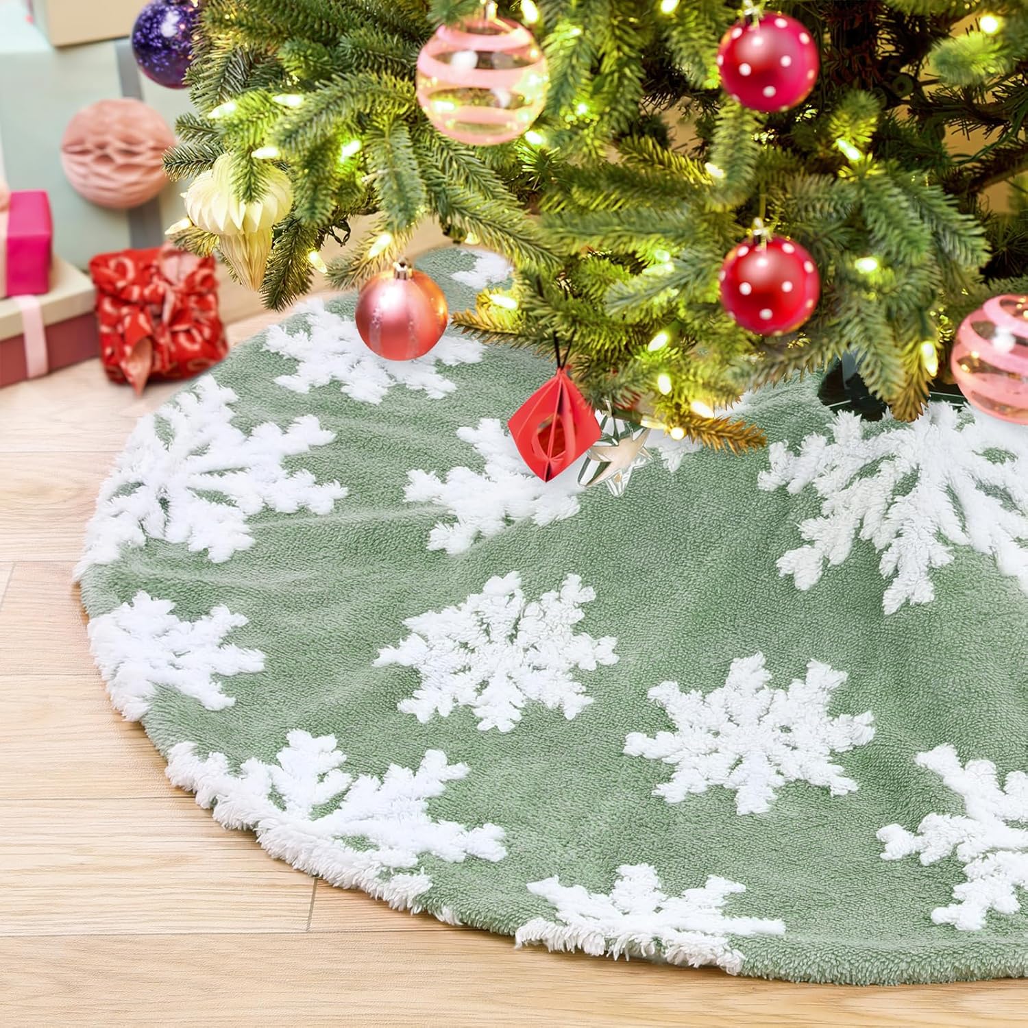 Chrisrmas Tree Skirt 48 Inches Faux Fur Red Tree Skirt with White Snowflakes Rustic Xmas Holiday Decoration