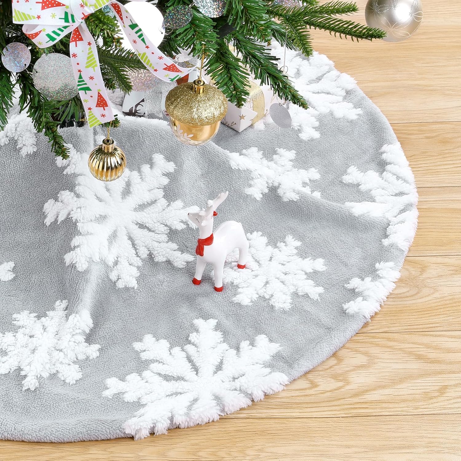 Chrisrmas Tree Skirt 48 Inches Faux Fur Red Tree Skirt with White Snowflakes Rustic Xmas Holiday Decoration