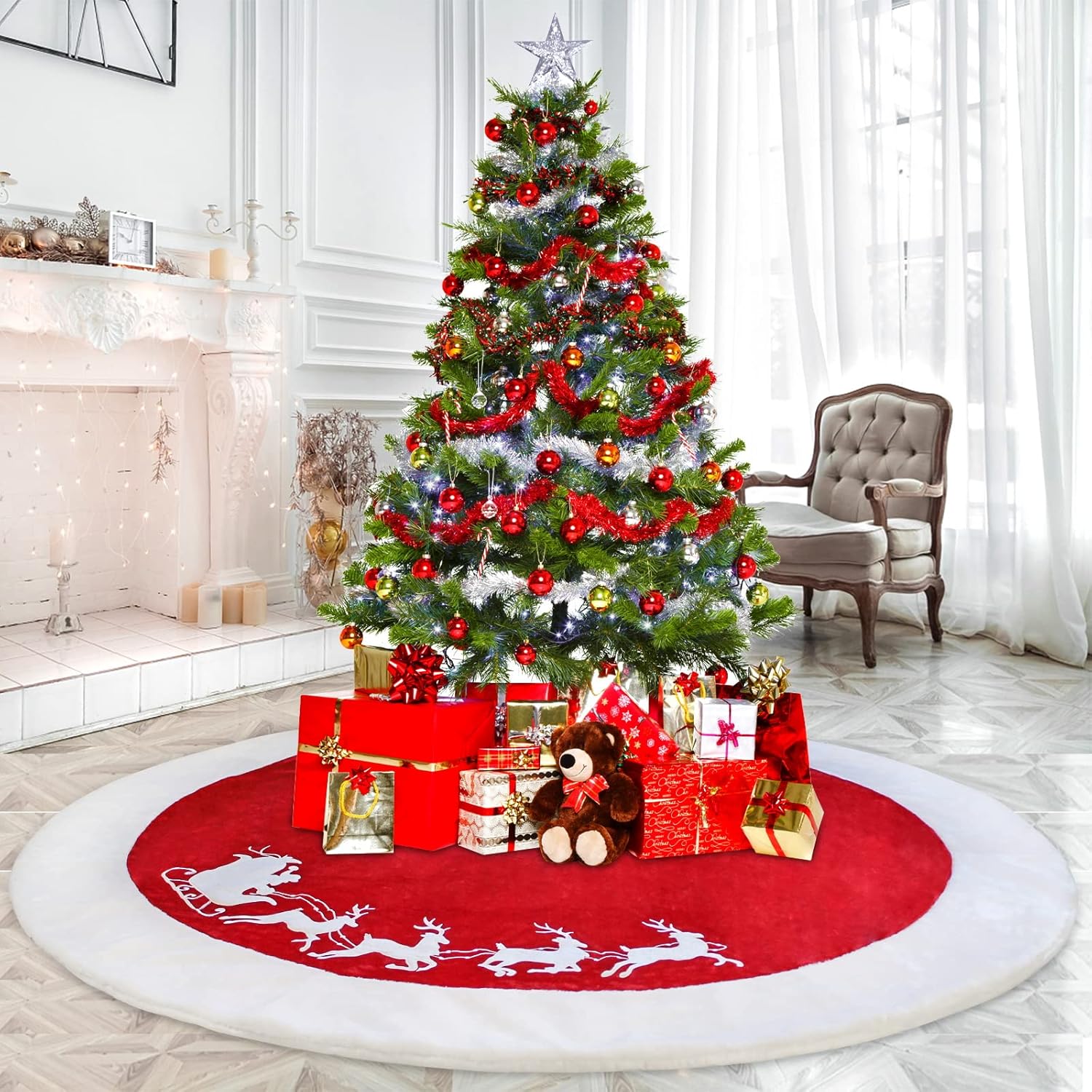 72 Inch Christmas Tree Skirt Xmas Tree Skirts for Christmas Tree Holiday Party Decorations Decoraciones De Navidad-Wine Red