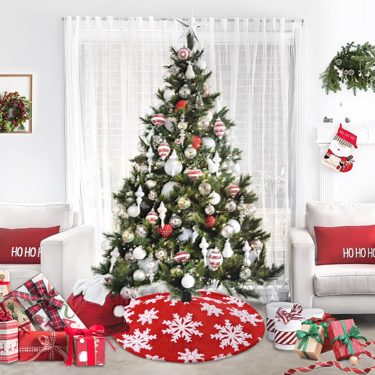 Chrisrmas Tree Skirt 48 Inches Faux Fur Red Tree Skirt with White Snowflakes Rustic Xmas Holiday Decoration