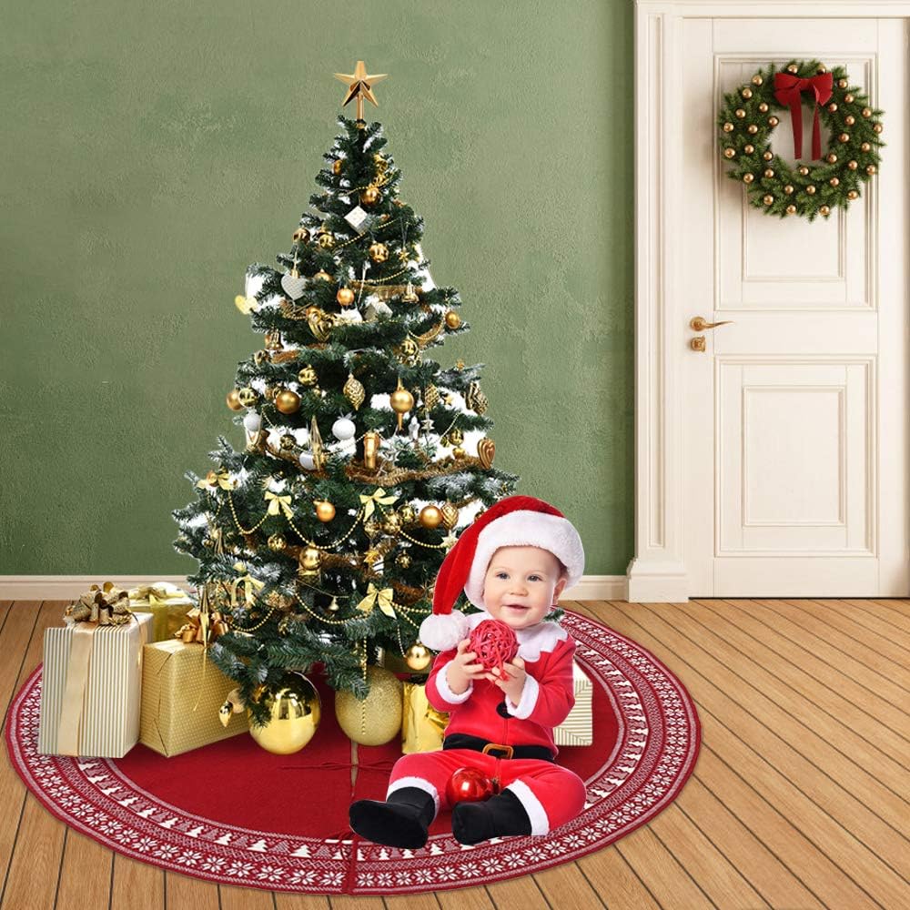 BIANHUA Christmas Tree Skirt, Christmas Decorations,Knitting Wool Retro Small Snowflake Xmas Tree Skirt Decorations,Can be Used as a Shawl.(48 Inch,Red)…