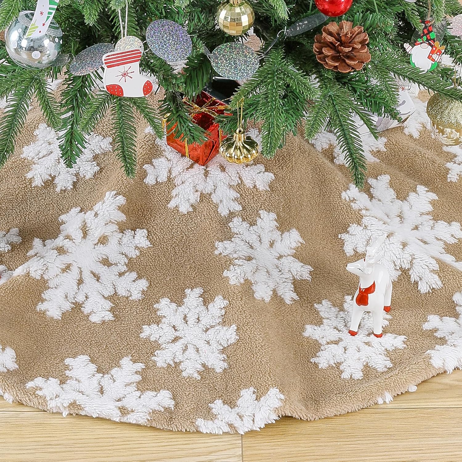Chrisrmas Tree Skirt 48 Inches Faux Fur Red Tree Skirt with White Snowflakes Rustic Xmas Holiday Decoration
