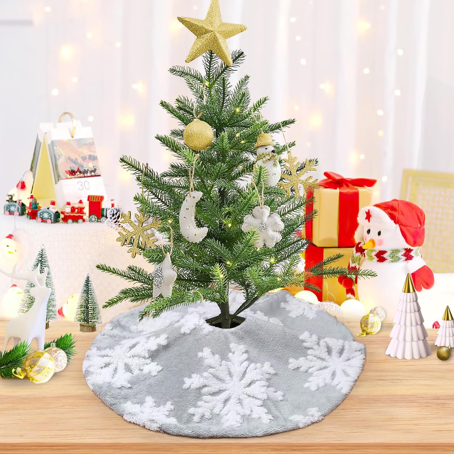 Chrisrmas Tree Skirt 48 Inches Faux Fur Red Tree Skirt with White Snowflakes Rustic Xmas Holiday Decoration