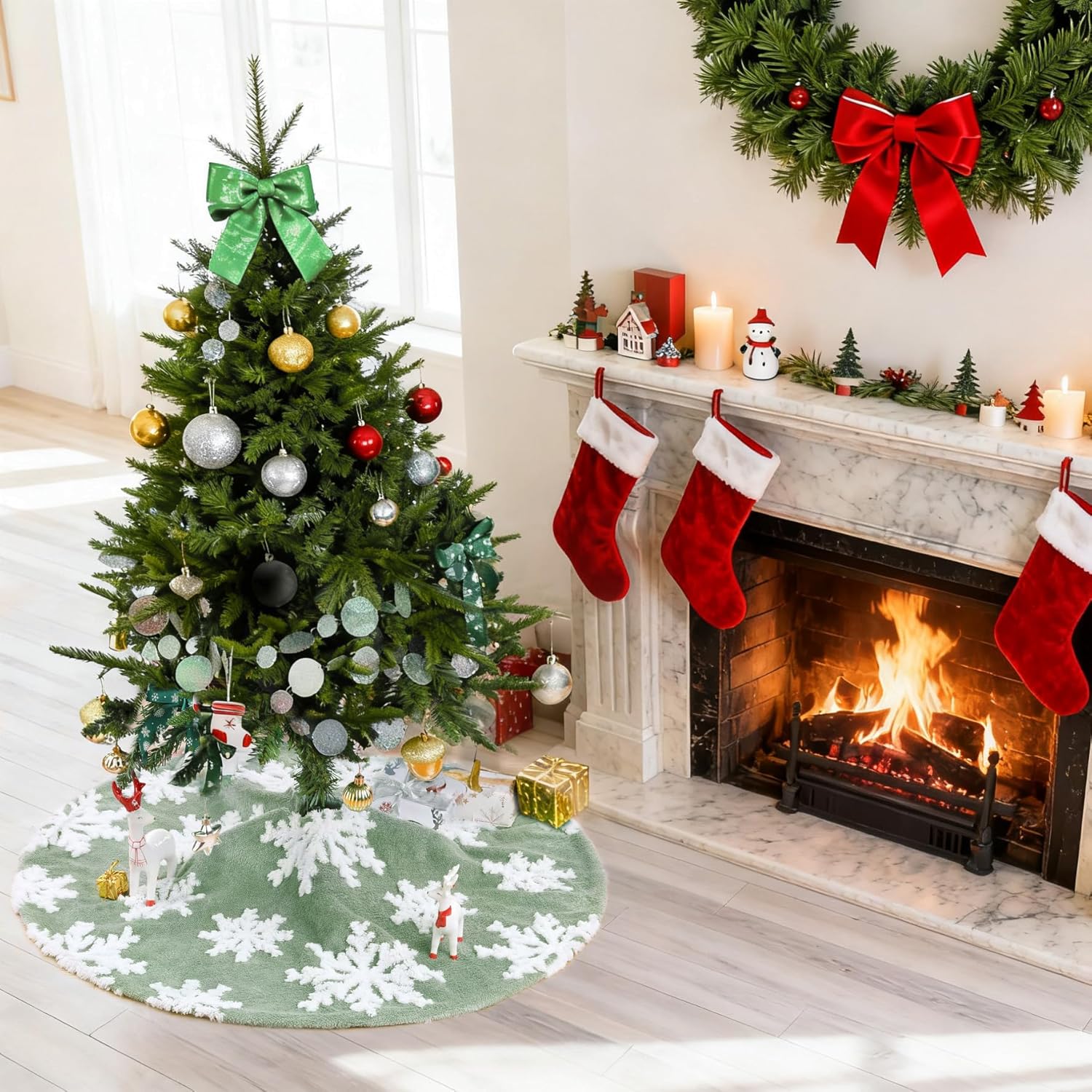 Chrisrmas Tree Skirt 48 Inches Faux Fur Red Tree Skirt with White Snowflakes Rustic Xmas Holiday Decoration