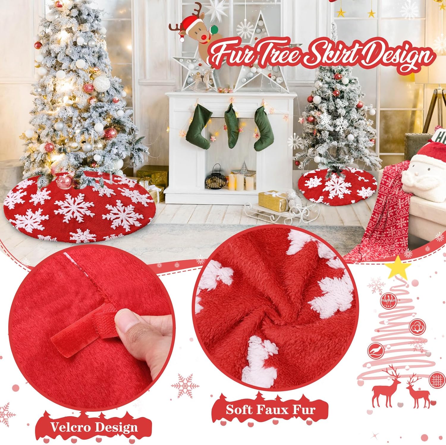 Chrisrmas Tree Skirt 48 Inches Faux Fur Red Tree Skirt with White Snowflakes Rustic Xmas Holiday Decoration
