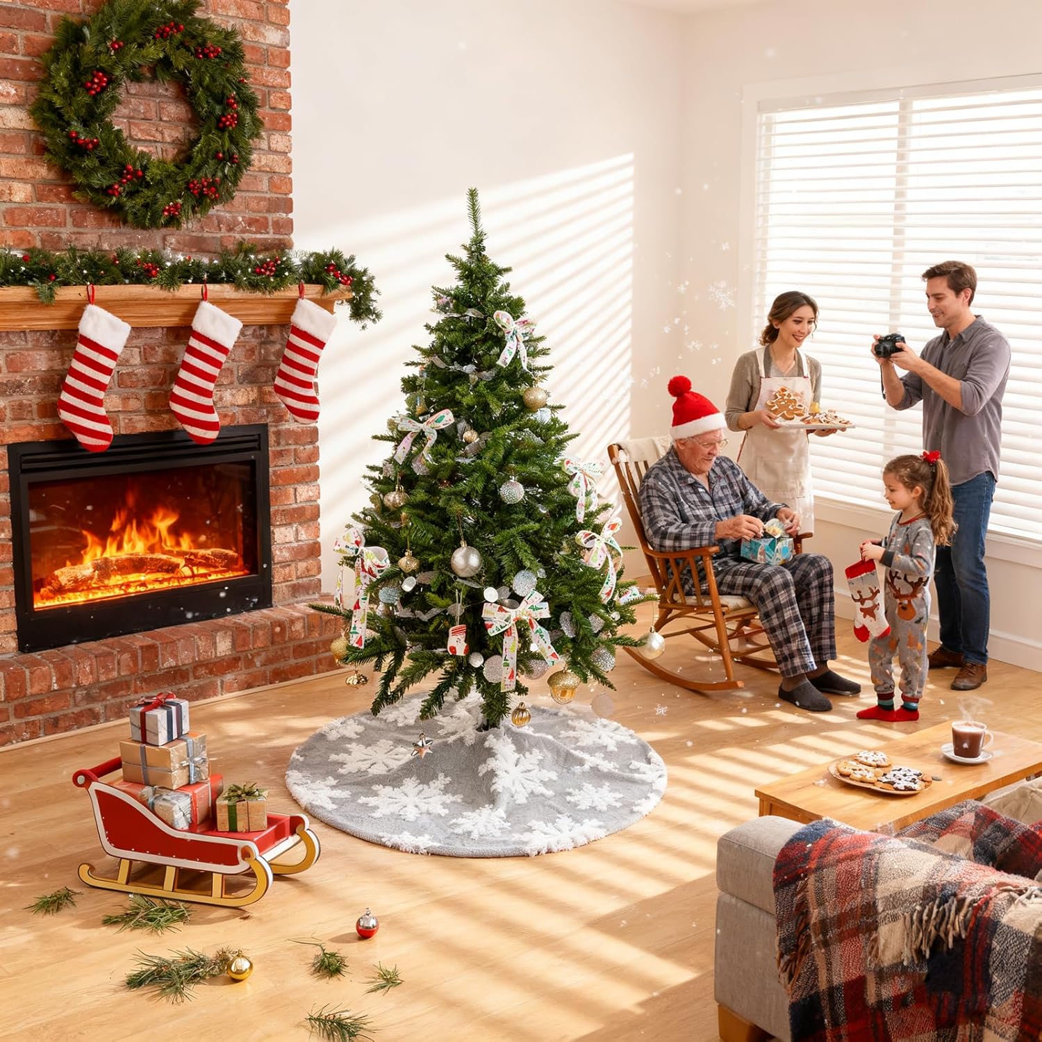 Chrisrmas Tree Skirt 48 Inches Faux Fur Red Tree Skirt with White Snowflakes Rustic Xmas Holiday Decoration