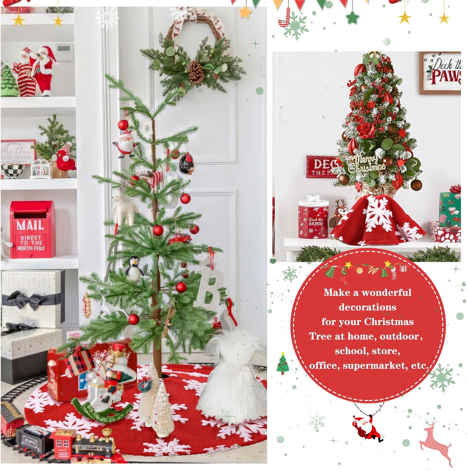 Chrisrmas Tree Skirt 48 Inches Faux Fur Red Tree Skirt with White Snowflakes Rustic Xmas Holiday Decoration