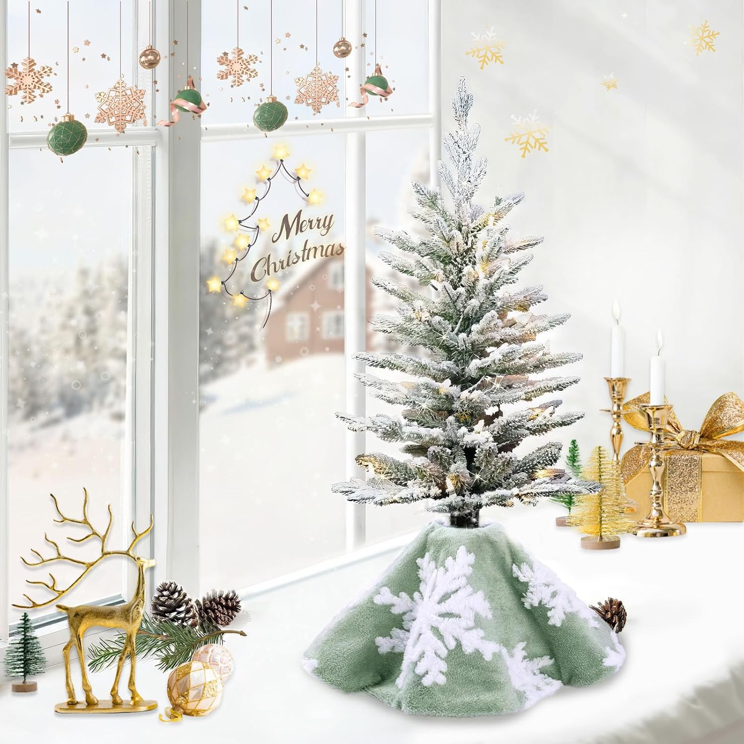 Chrisrmas Tree Skirt 48 Inches Faux Fur Red Tree Skirt with White Snowflakes Rustic Xmas Holiday Decoration