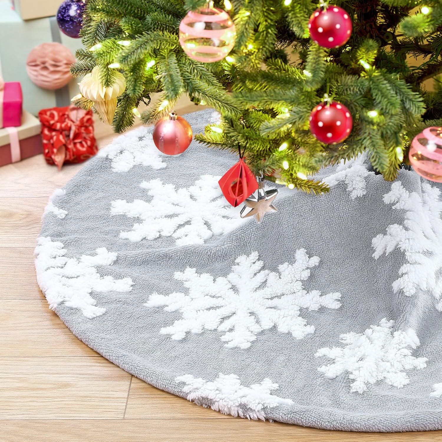 Chrisrmas Tree Skirt 48 Inches Faux Fur Red Tree Skirt with White Snowflakes Rustic Xmas Holiday Decoration