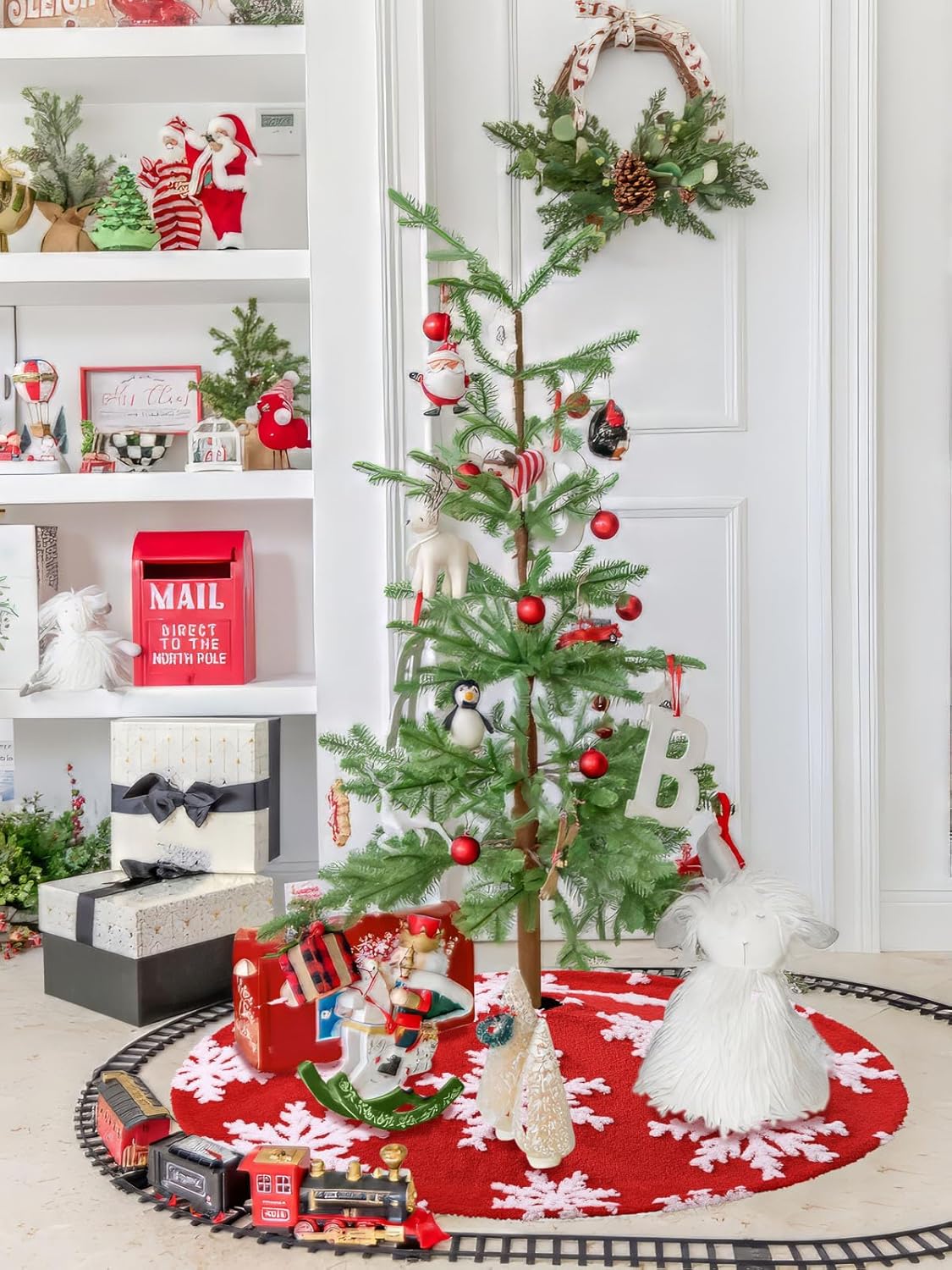 Chrisrmas Tree Skirt 48 Inches Faux Fur Red Tree Skirt with White Snowflakes Rustic Xmas Holiday Decoration
