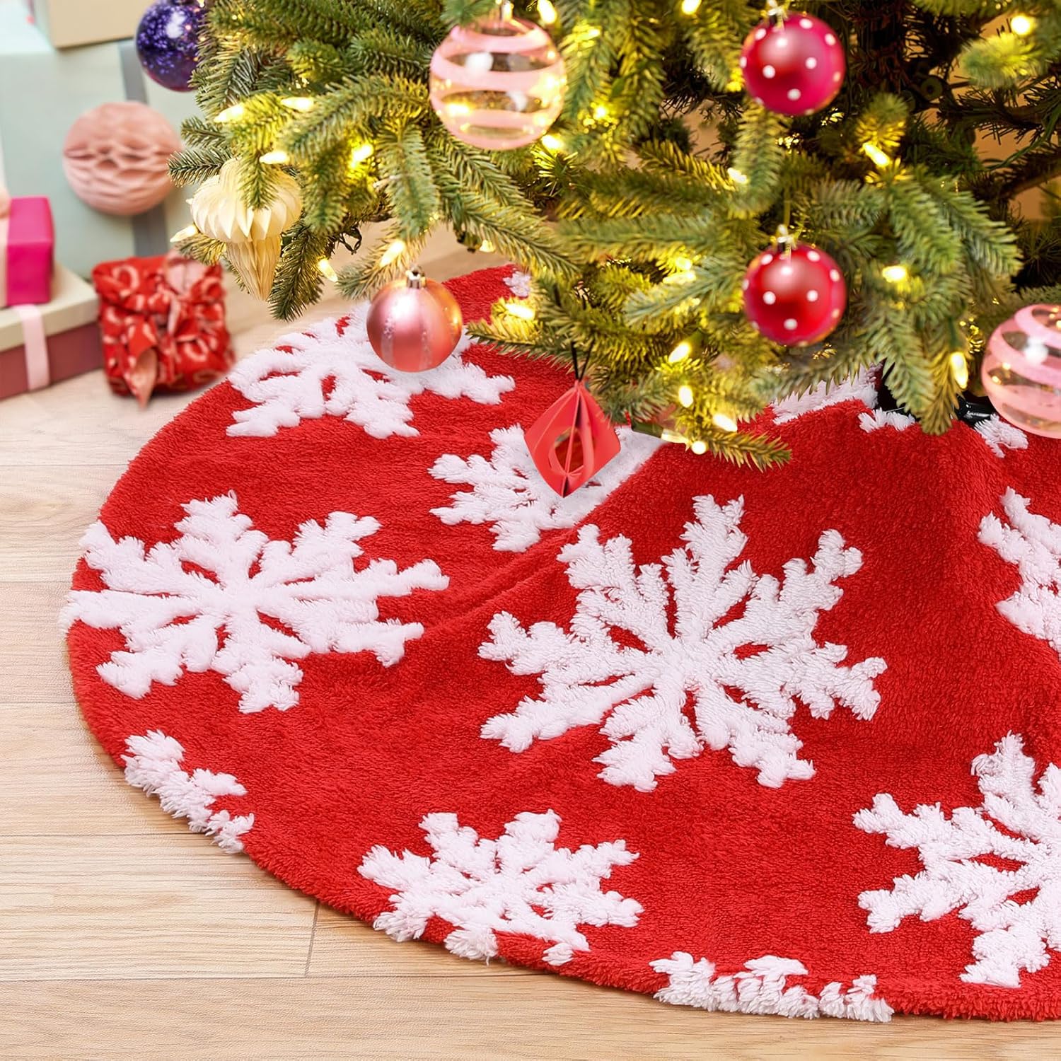 Chrisrmas Tree Skirt 48 Inches Faux Fur Red Tree Skirt with White Snowflakes Rustic Xmas Holiday Decoration
