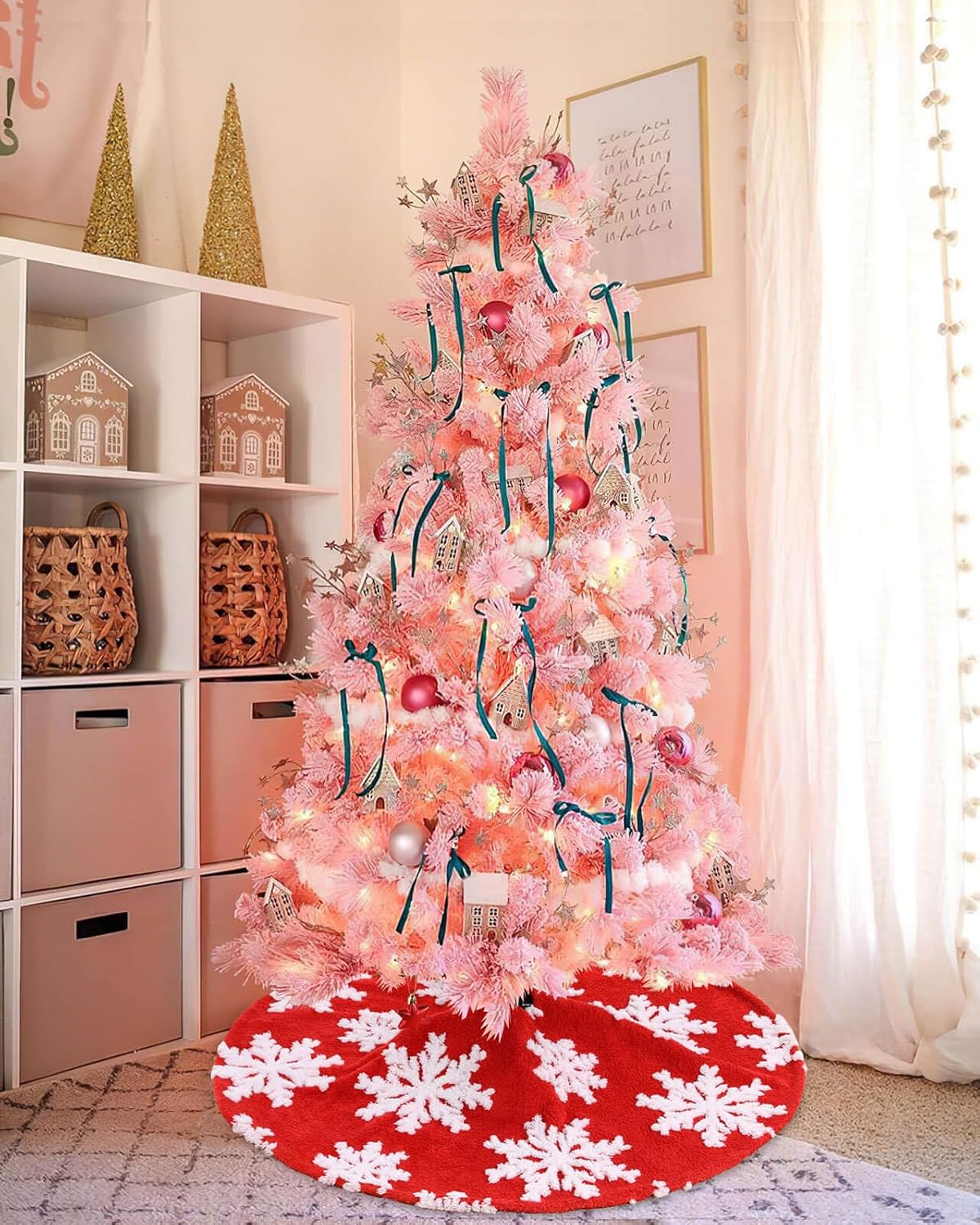 Chrisrmas Tree Skirt 48 Inches Faux Fur Red Tree Skirt with White Snowflakes Rustic Xmas Holiday Decoration