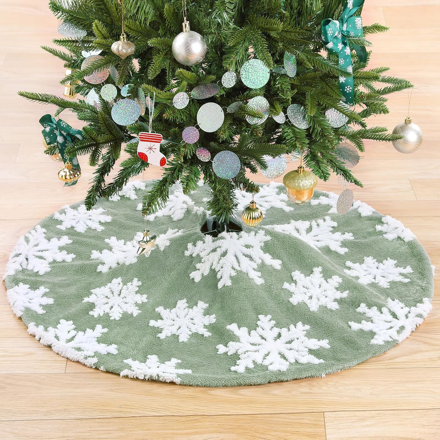 Chrisrmas Tree Skirt 48 Inches Faux Fur Red Tree Skirt with White Snowflakes Rustic Xmas Holiday Decoration
