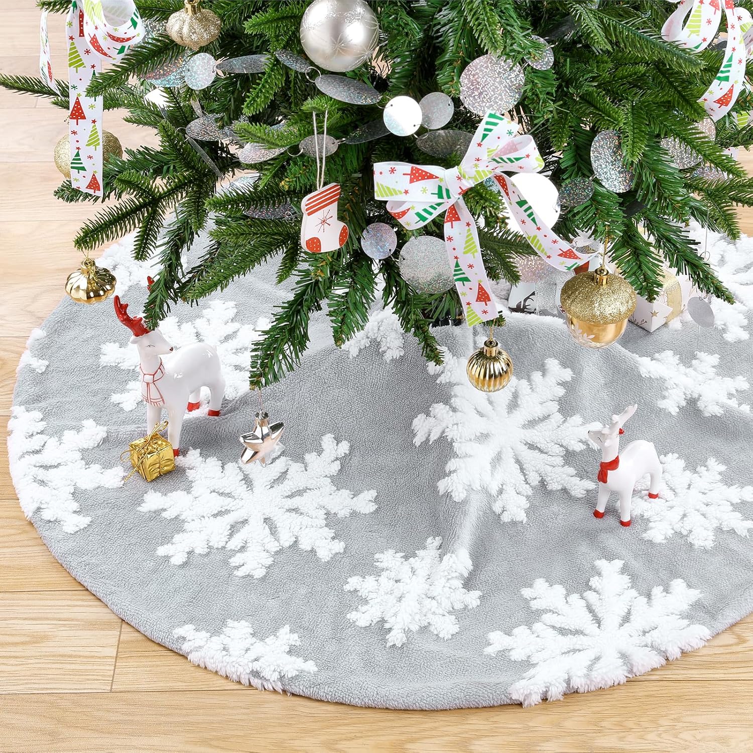 Chrisrmas Tree Skirt 48 Inches Faux Fur Red Tree Skirt with White Snowflakes Rustic Xmas Holiday Decoration