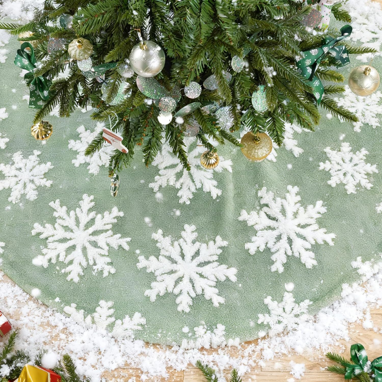 Chrisrmas Tree Skirt 48 Inches Faux Fur Red Tree Skirt with White Snowflakes Rustic Xmas Holiday Decoration