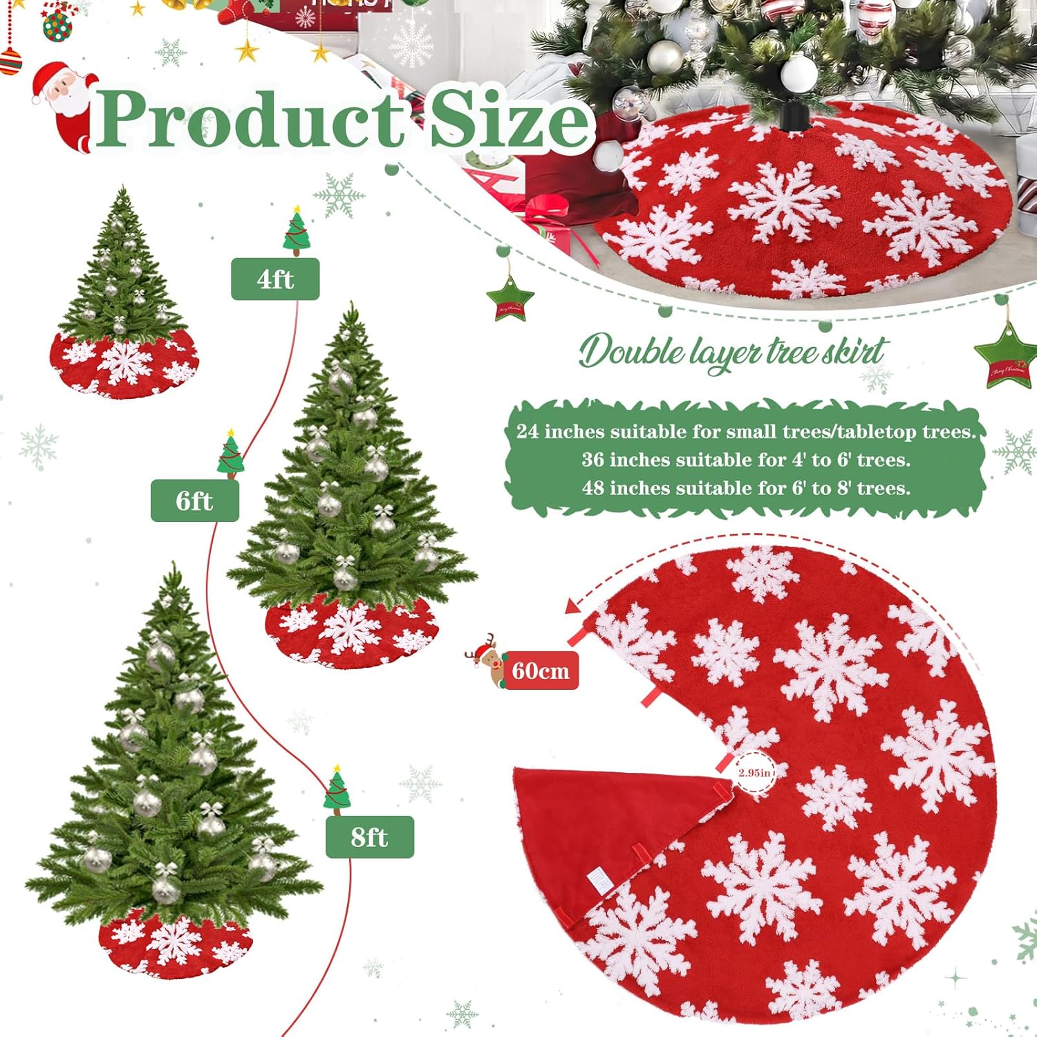Chrisrmas Tree Skirt 48 Inches Faux Fur Red Tree Skirt with White Snowflakes Rustic Xmas Holiday Decoration