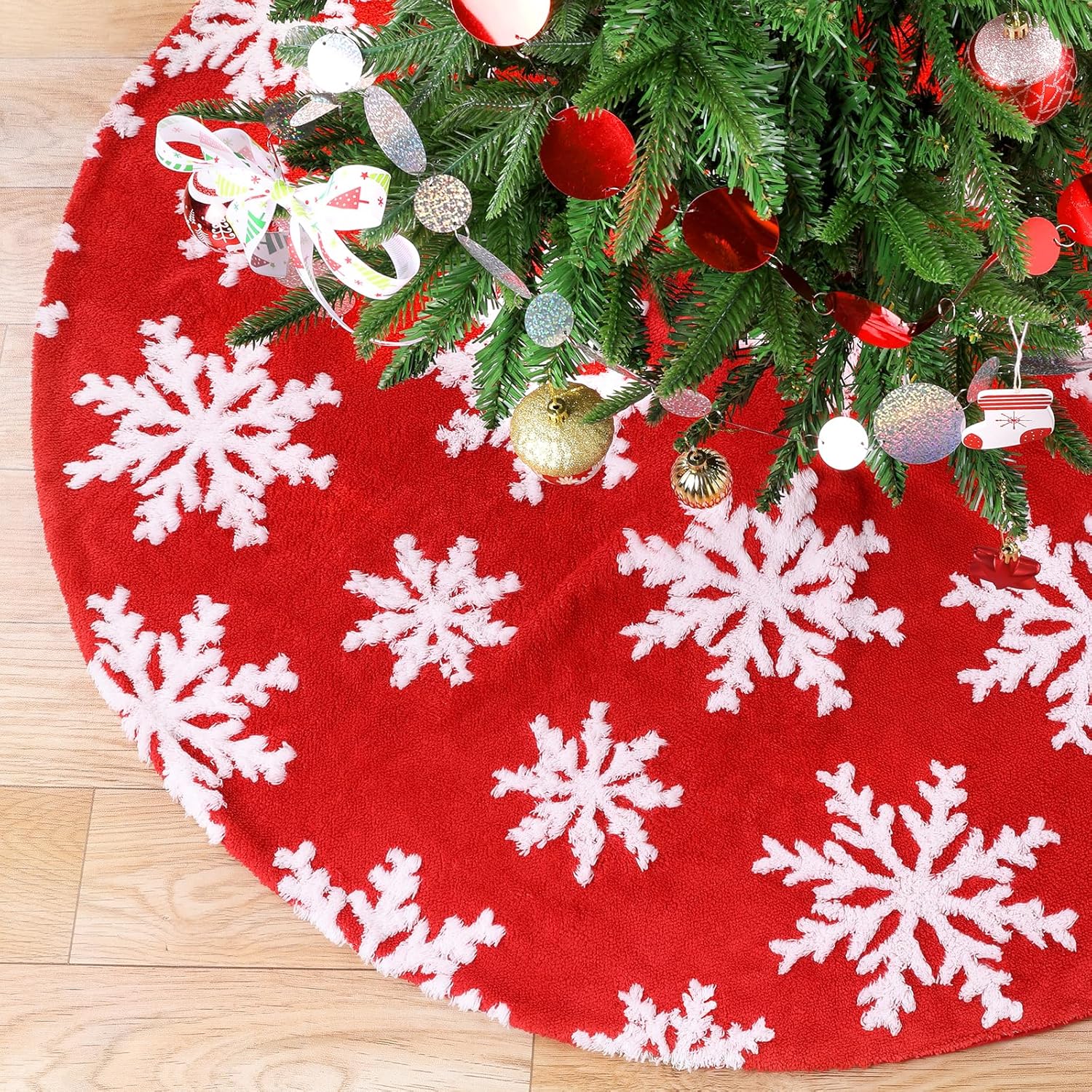 Chrisrmas Tree Skirt 48 Inches Faux Fur Red Tree Skirt with White Snowflakes Rustic Xmas Holiday Decoration