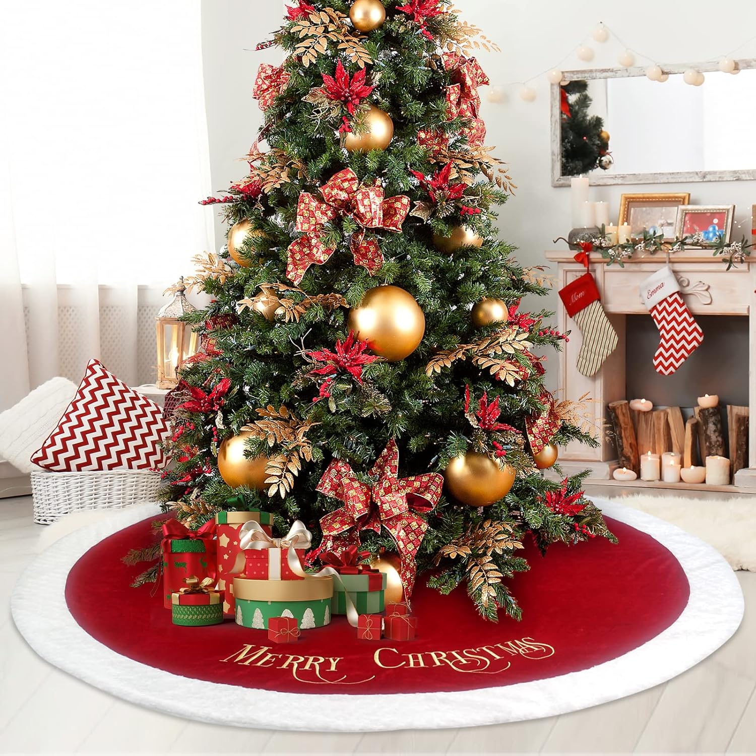 72 Inch Christmas Tree Skirt Xmas Tree Skirts for Christmas Tree Holiday Party Decorations Decoraciones De Navidad-Wine Red