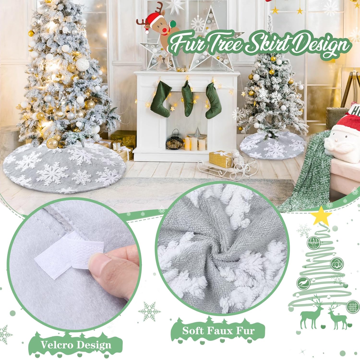 Chrisrmas Tree Skirt 48 Inches Faux Fur Red Tree Skirt with White Snowflakes Rustic Xmas Holiday Decoration