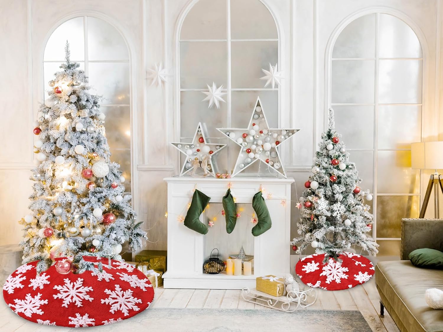 Chrisrmas Tree Skirt 48 Inches Faux Fur Red Tree Skirt with White Snowflakes Rustic Xmas Holiday Decoration