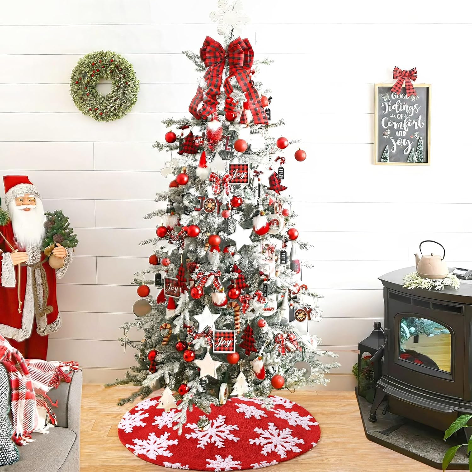 Chrisrmas Tree Skirt 48 Inches Faux Fur Red Tree Skirt with White Snowflakes Rustic Xmas Holiday Decoration