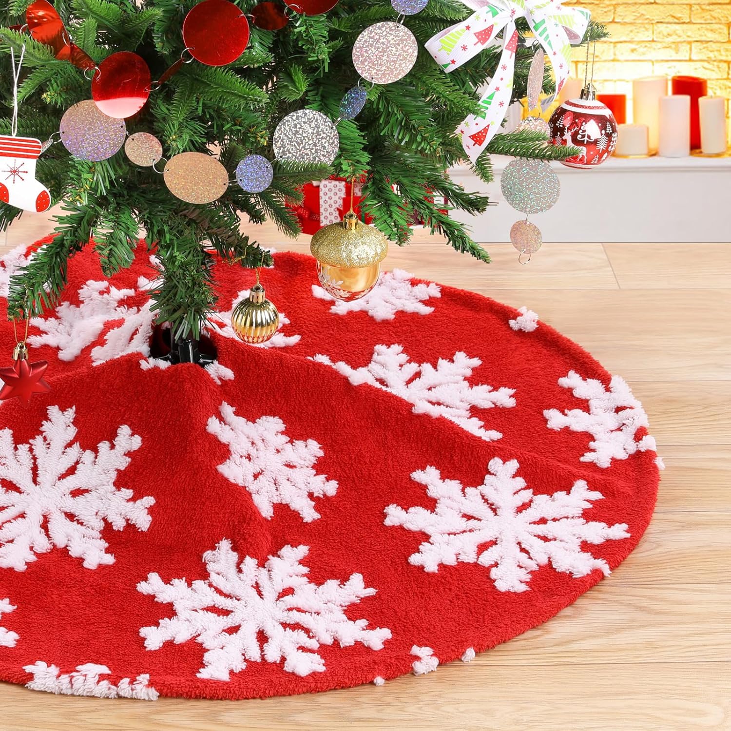 Chrisrmas Tree Skirt 48 Inches Faux Fur Red Tree Skirt with White Snowflakes Rustic Xmas Holiday Decoration