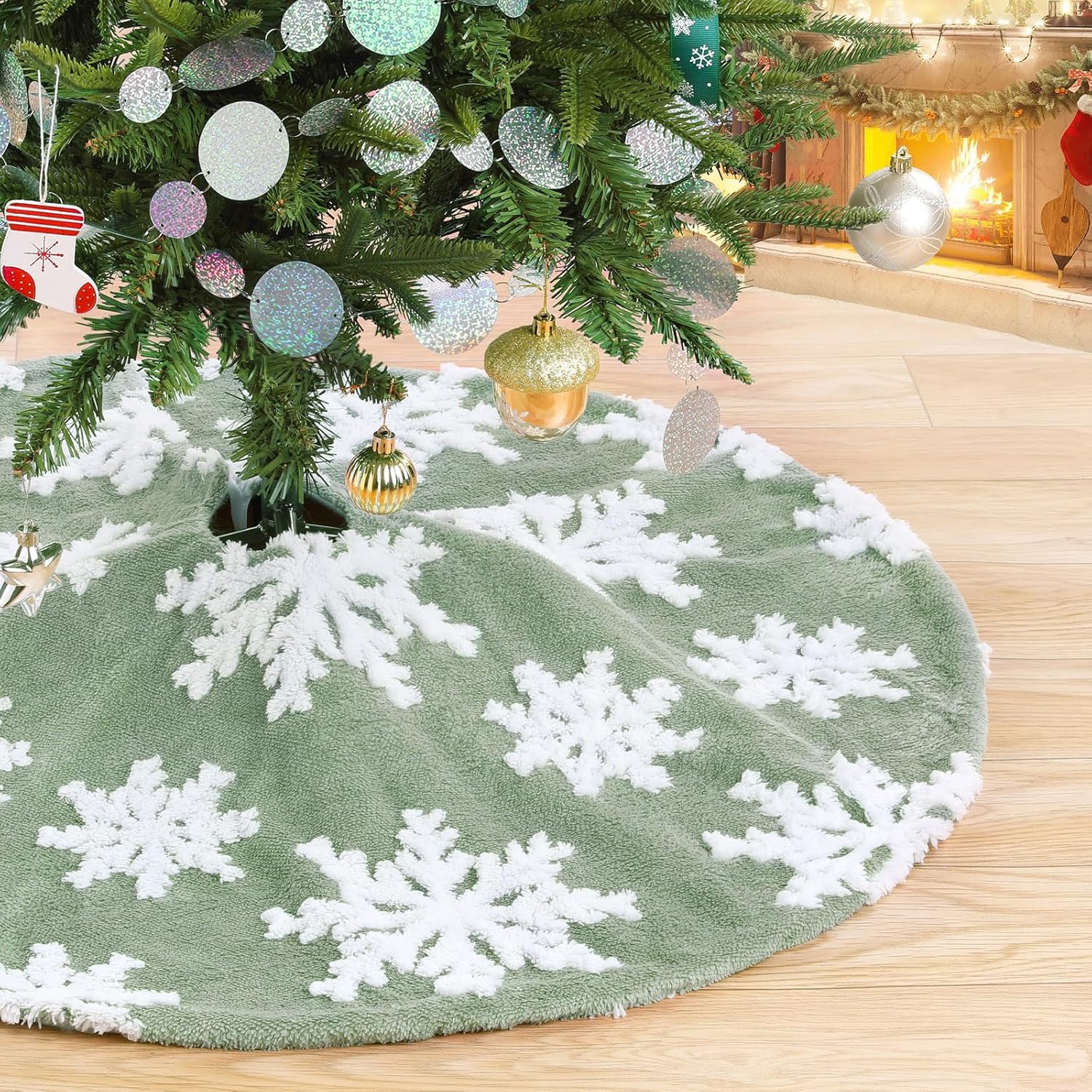Chrisrmas Tree Skirt 48 Inches Faux Fur Red Tree Skirt with White Snowflakes Rustic Xmas Holiday Decoration