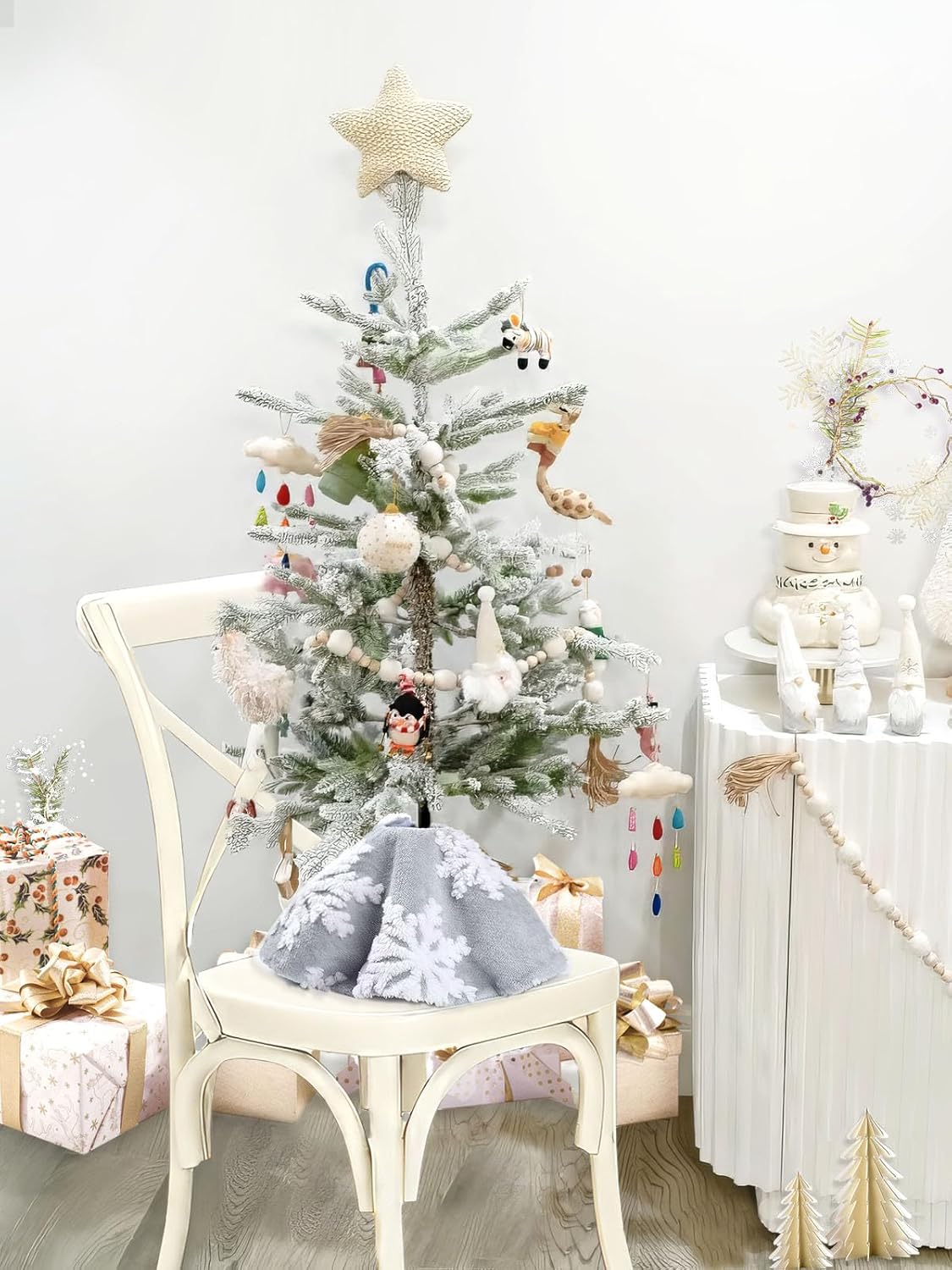 Chrisrmas Tree Skirt 48 Inches Faux Fur Red Tree Skirt with White Snowflakes Rustic Xmas Holiday Decoration