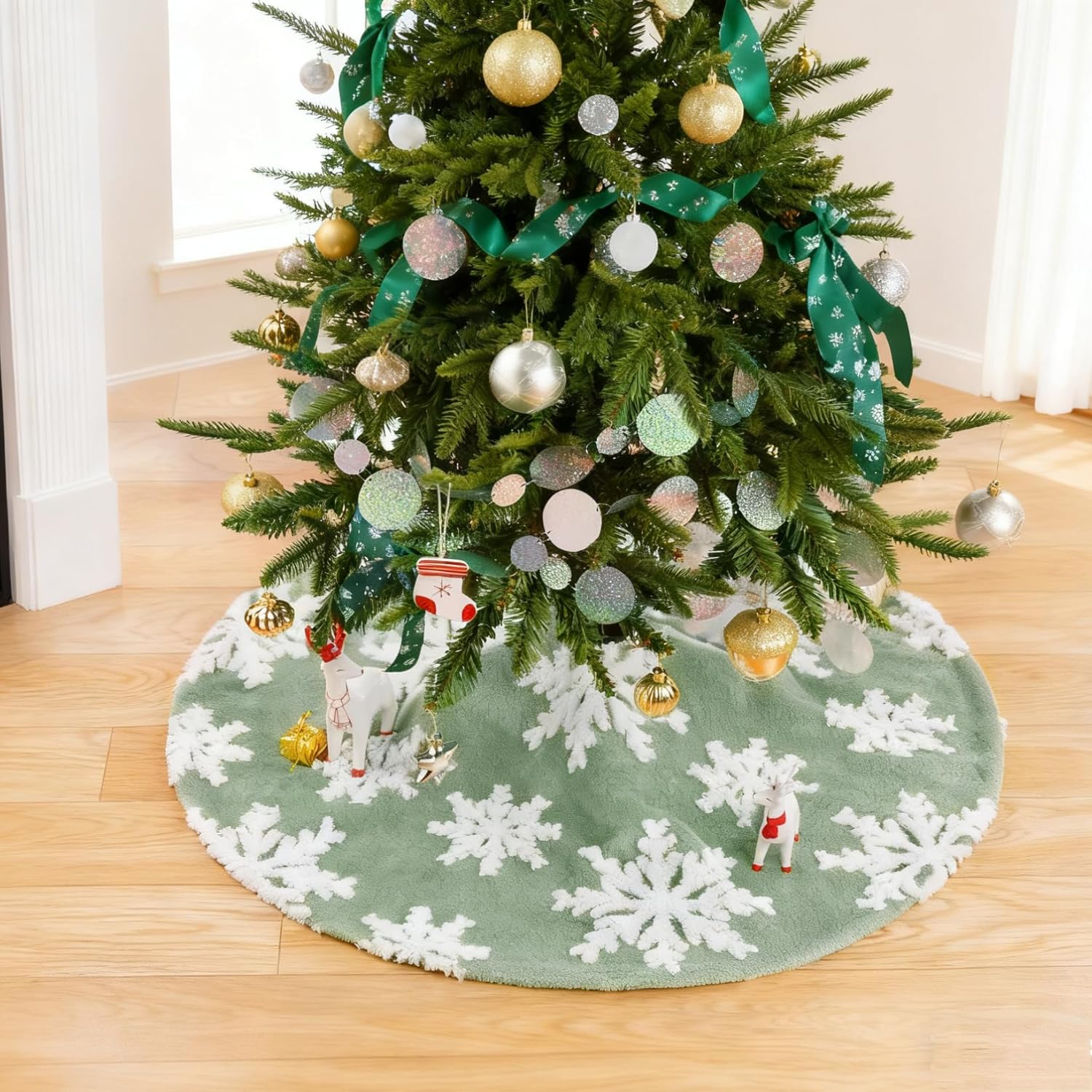 Chrisrmas Tree Skirt 48 Inches Faux Fur Red Tree Skirt with White Snowflakes Rustic Xmas Holiday Decoration