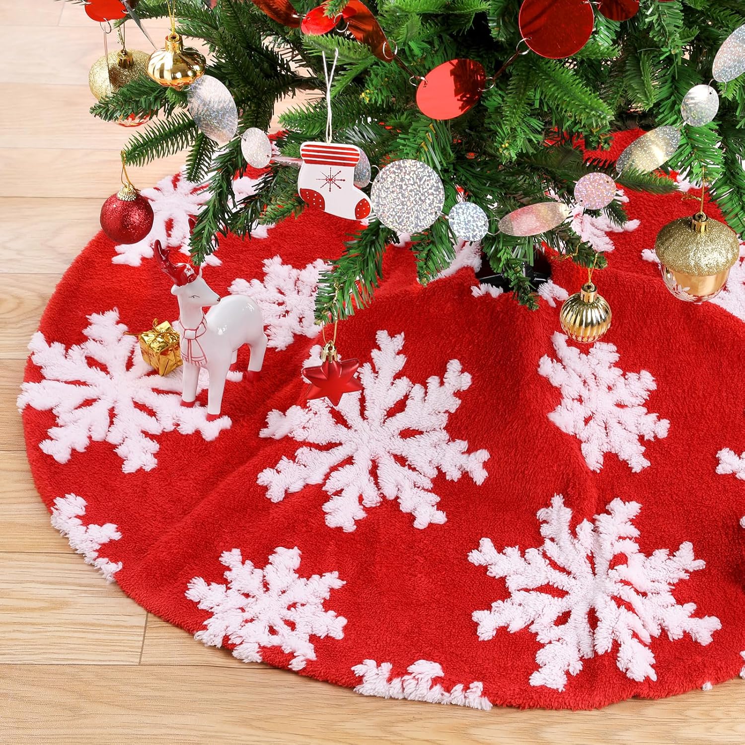 Chrisrmas Tree Skirt 48 Inches Faux Fur Red Tree Skirt with White Snowflakes Rustic Xmas Holiday Decoration