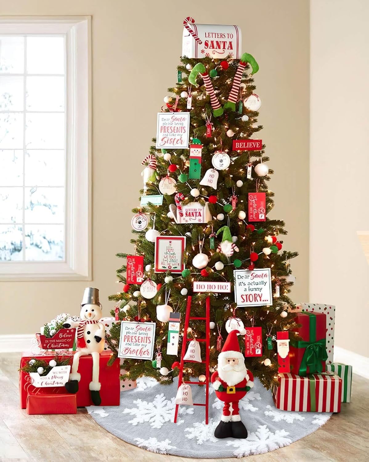 Chrisrmas Tree Skirt 48 Inches Faux Fur Red Tree Skirt with White Snowflakes Rustic Xmas Holiday Decoration