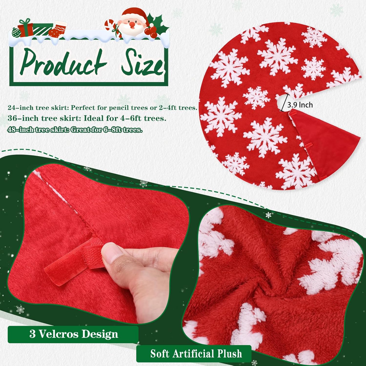 Chrisrmas Tree Skirt 48 Inches Faux Fur Red Tree Skirt with White Snowflakes Rustic Xmas Holiday Decoration