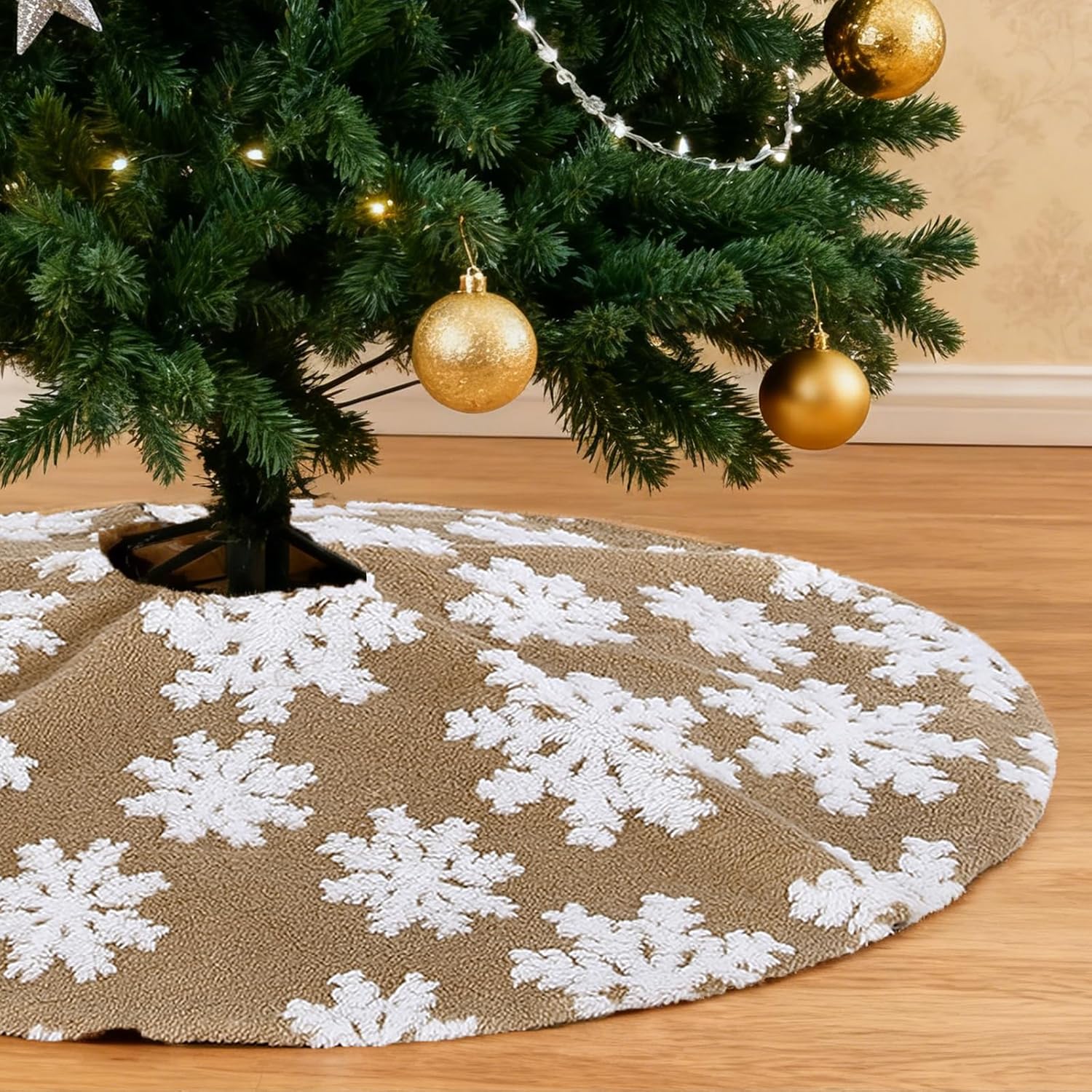 Chrisrmas Tree Skirt 48 Inches Faux Fur Red Tree Skirt with White Snowflakes Rustic Xmas Holiday Decoration