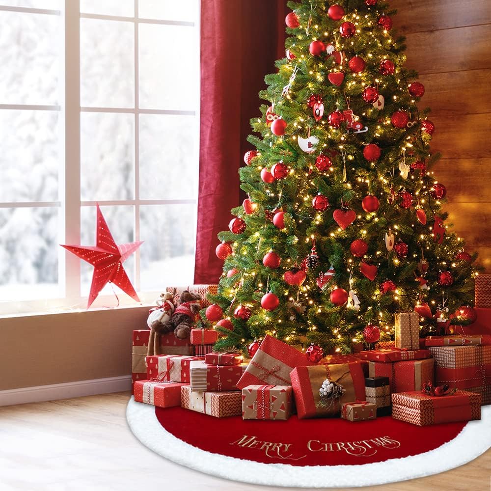 72 Inch Christmas Tree Skirt Xmas Tree Skirts for Christmas Tree Holiday Party Decorations Decoraciones De Navidad-Wine Red